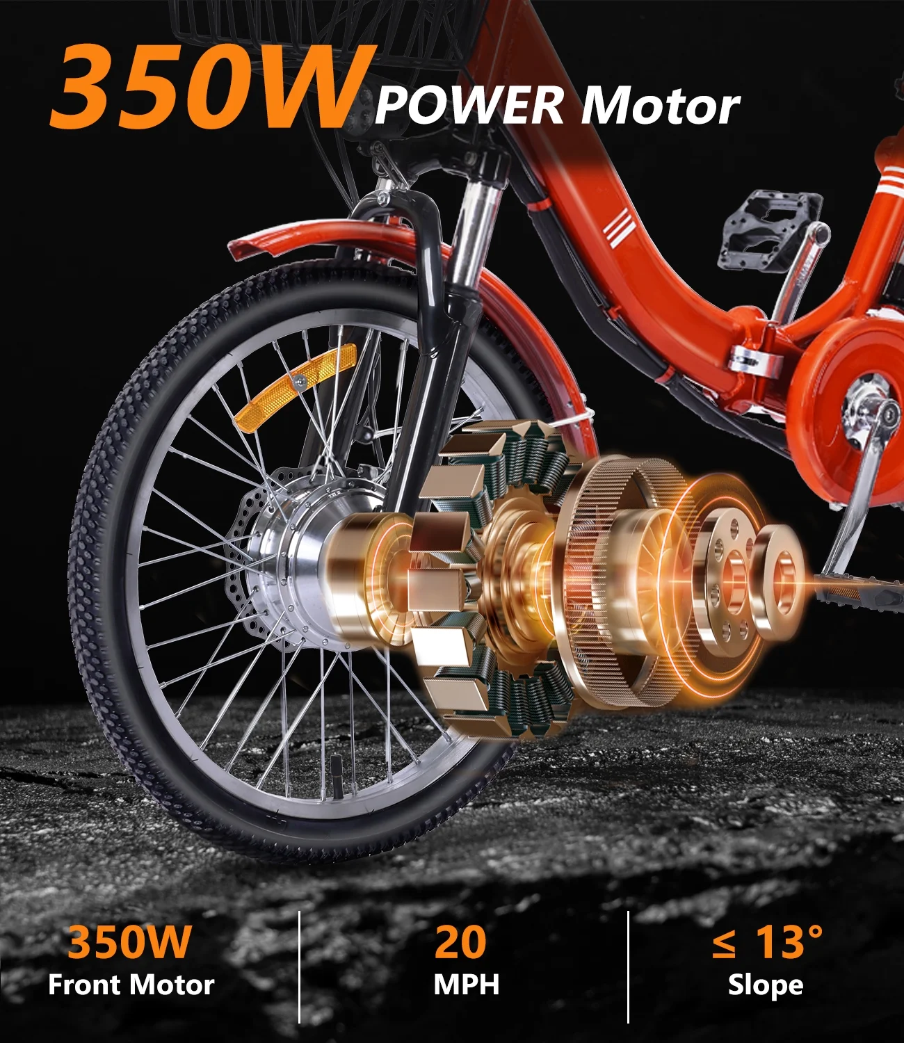 NOMIGO Electric Tricycle for Adults Folding Electric Trike 3 Wheel Electric Trike with Two-seater Large Basket Super Powerful Brushless 350W Motor 48V13AH Lithium Battery Max 20MPH E-Tricycle Orange - Image 5