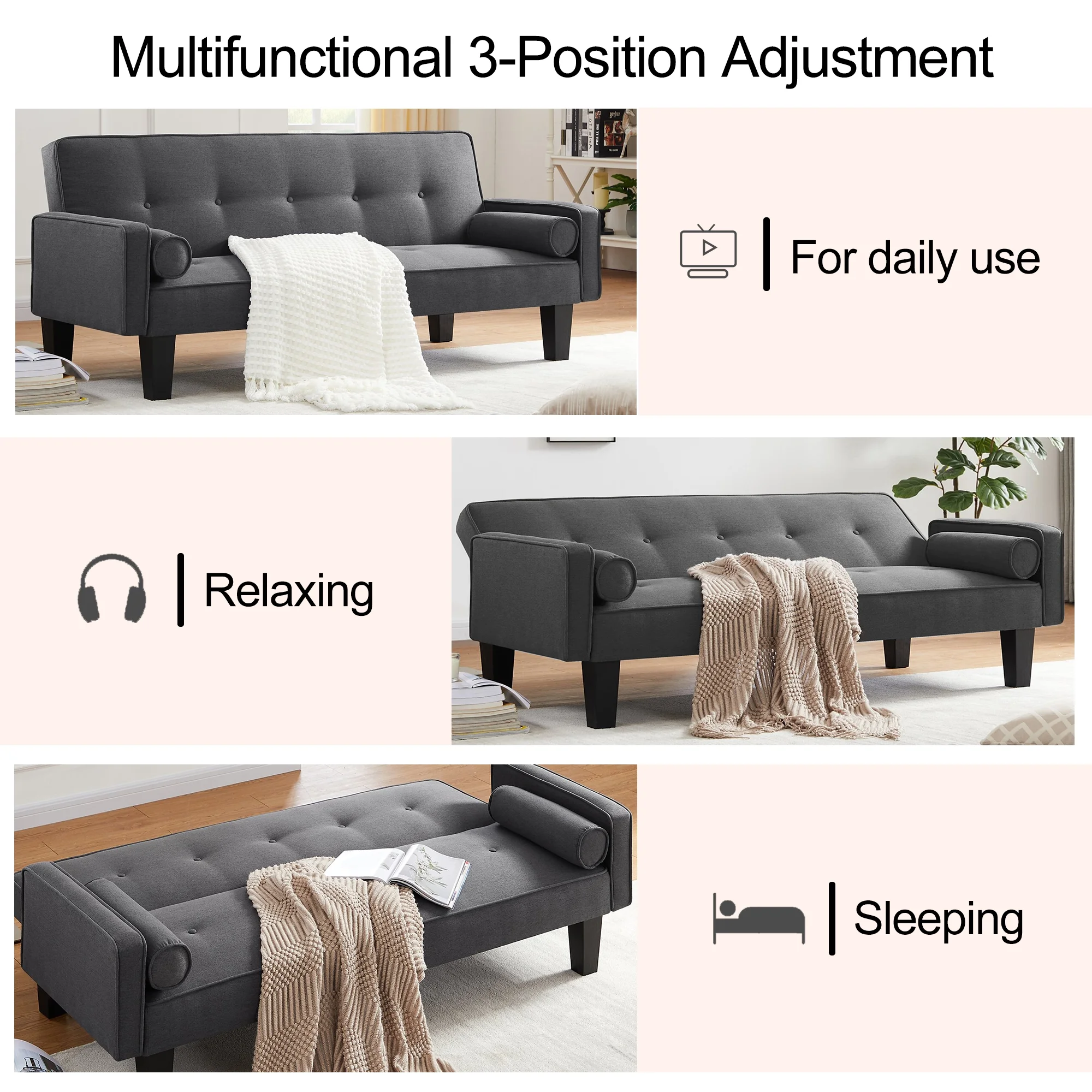 Convertible Futon Sofa Bed,Gray Upholstered Futon Couch Fabric Sleeper Sofa for Living Room Apartment - Image 4