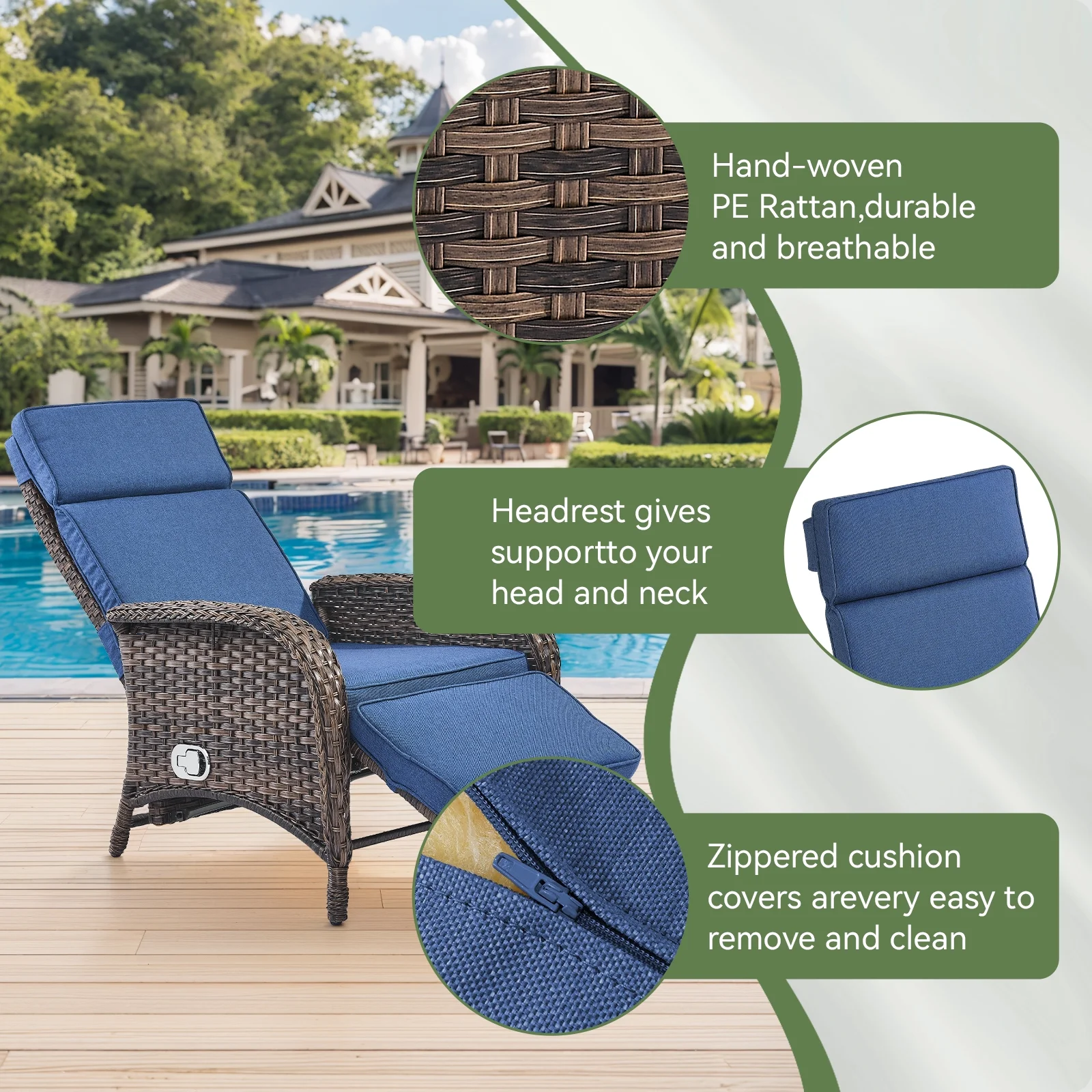 OPOHORO Outdoor Recliner Chair, Adjustable Reclining Patio Chair with Cushion, Wicker Outdoor Chaise Lounge with Adjustable Backrest and Footrest, Ideal for Pool Deck, Beige - Image 14