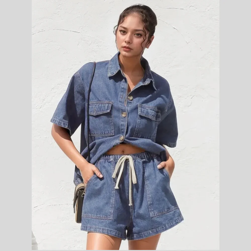 Collared Neck Button Up Top and Shorts Denim Set - ZKZOOK