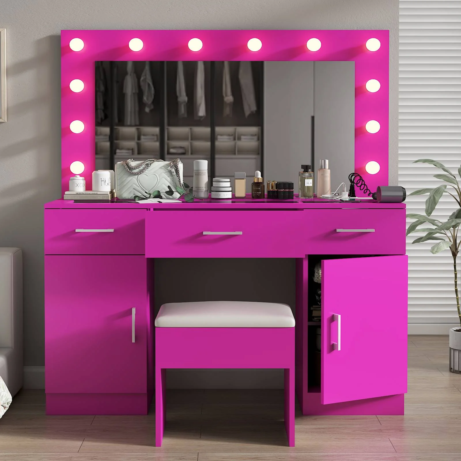 Ktaxon Large Makeup Vanity, Vanity Table Set w/ Visible Glass Top w/ Charging Station, White - Image 94
