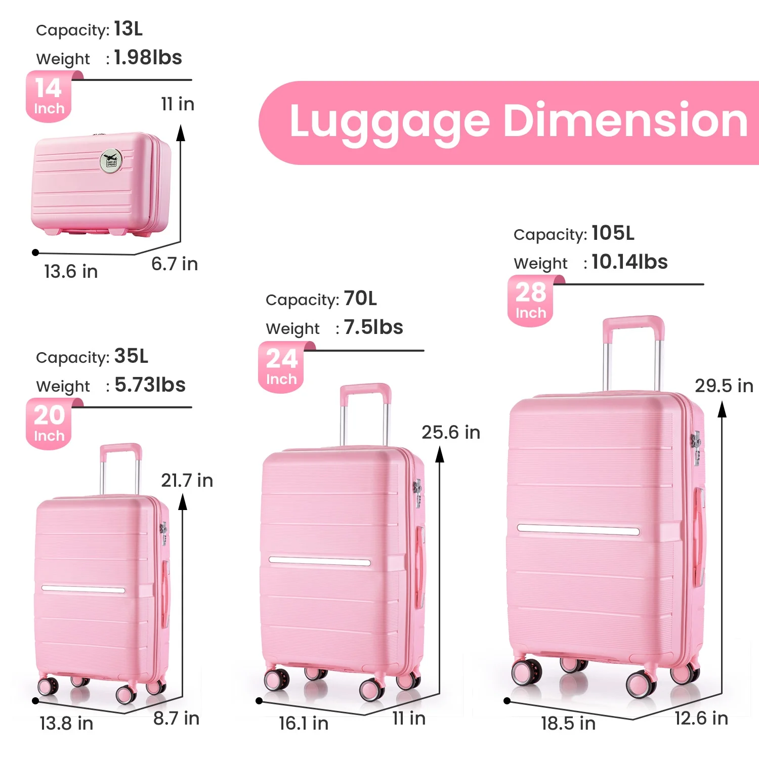 4 Piece Luggage Set, Expandable Lightweight Suitcase Set, PP Materials Travel Luggage with TSA Lock Spinner Wheels, White (14/20/24/28) - Image 22