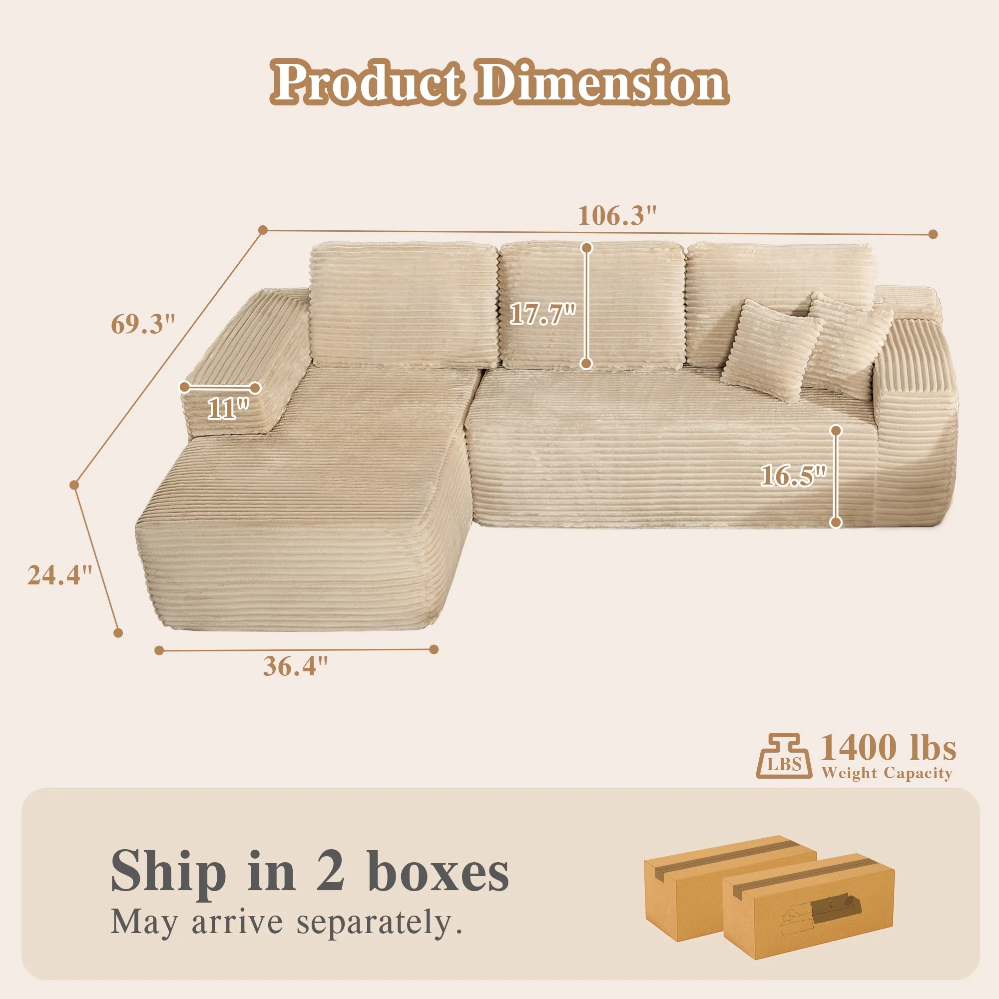 Ovios 106" L-Shaped Sectional Sofa Modern Modular Cloud Couch with Deep Seating Upholstered Sofa for Living Room Bedroom, No Assembly Required, Black(Corduroy) - Image 23