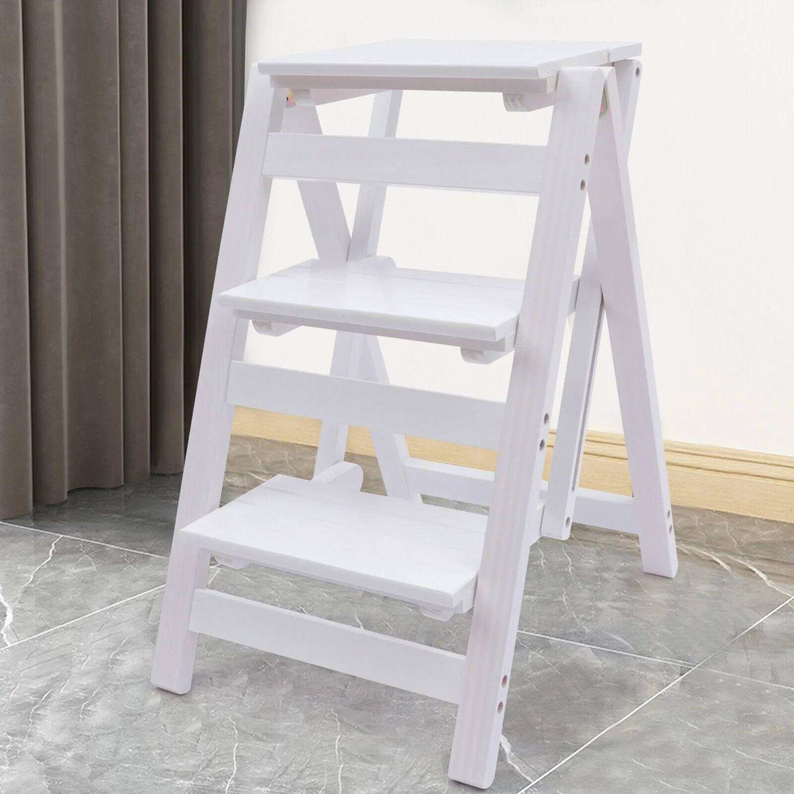 White 3-Tier Step Stool Solid Wood Folding Ladder Anti-Slip Step Stool - Image 7