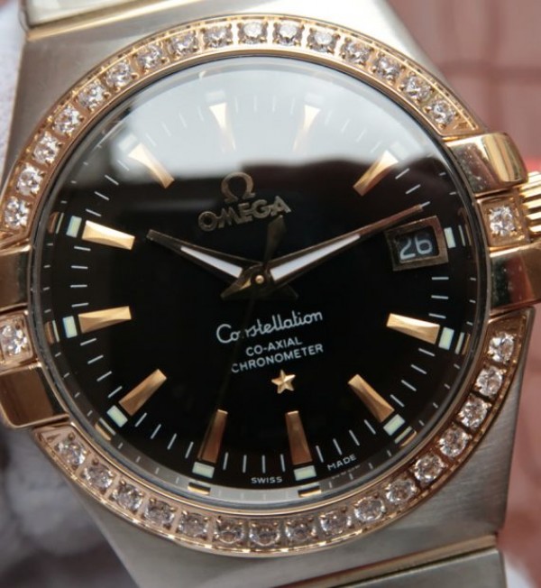 Replica Omega V6 Constellation 35mm Diamonds Bezel Black Dial SS Bracelet A2500 - Top club