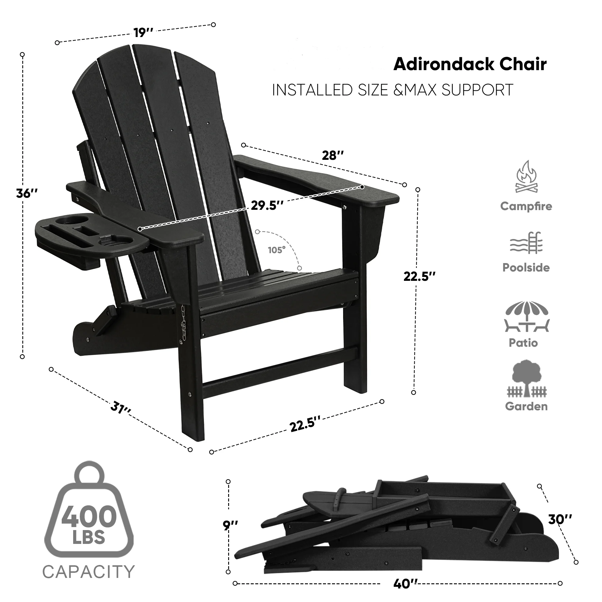 FOOWIN HDPE Plastic Adirondack Chairs Set of 4, Black - Image 12