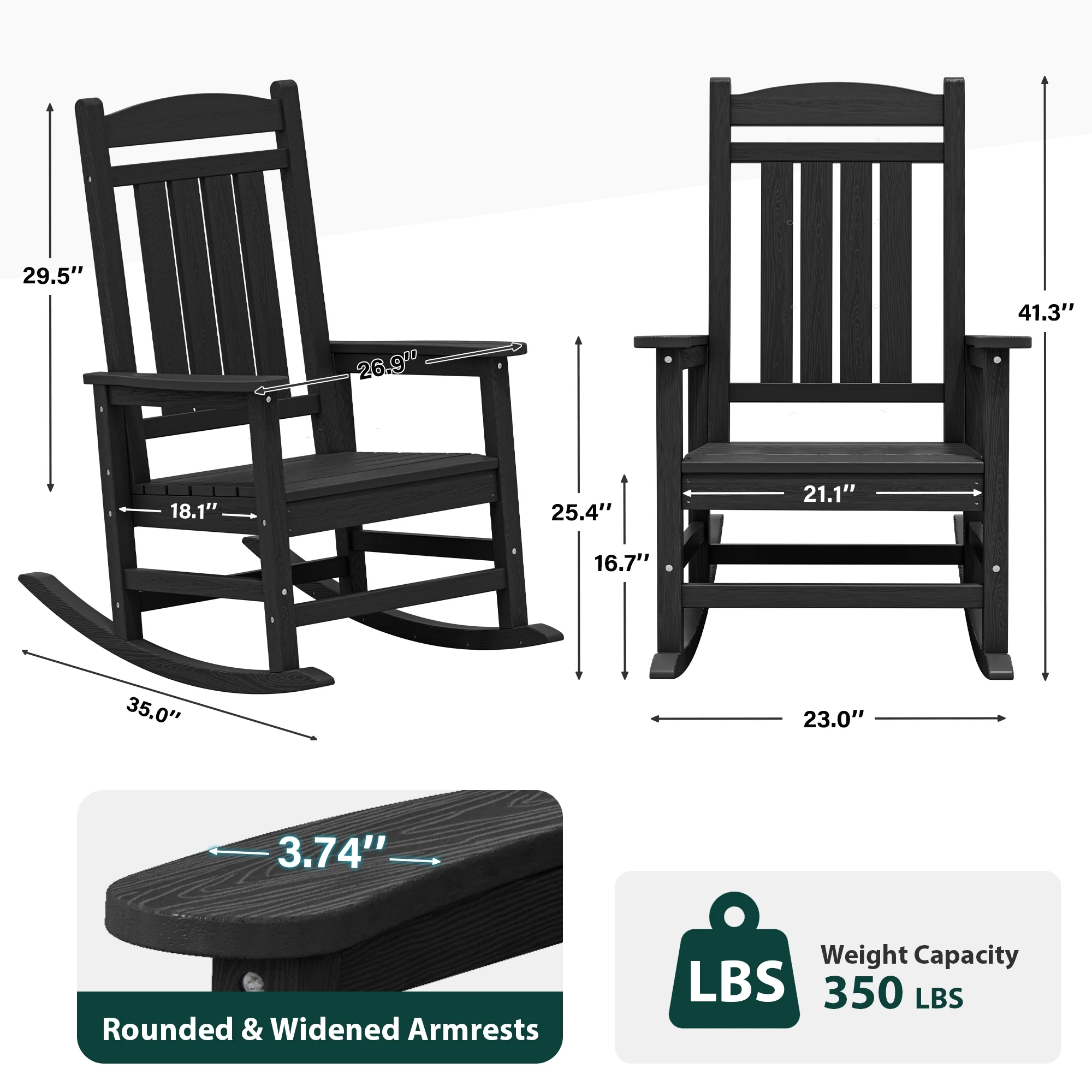 KINGYES HDPE Outdoor Rocking Chairs Set of 2,HDPE Patio Rocker for Porch,Black - Image 9