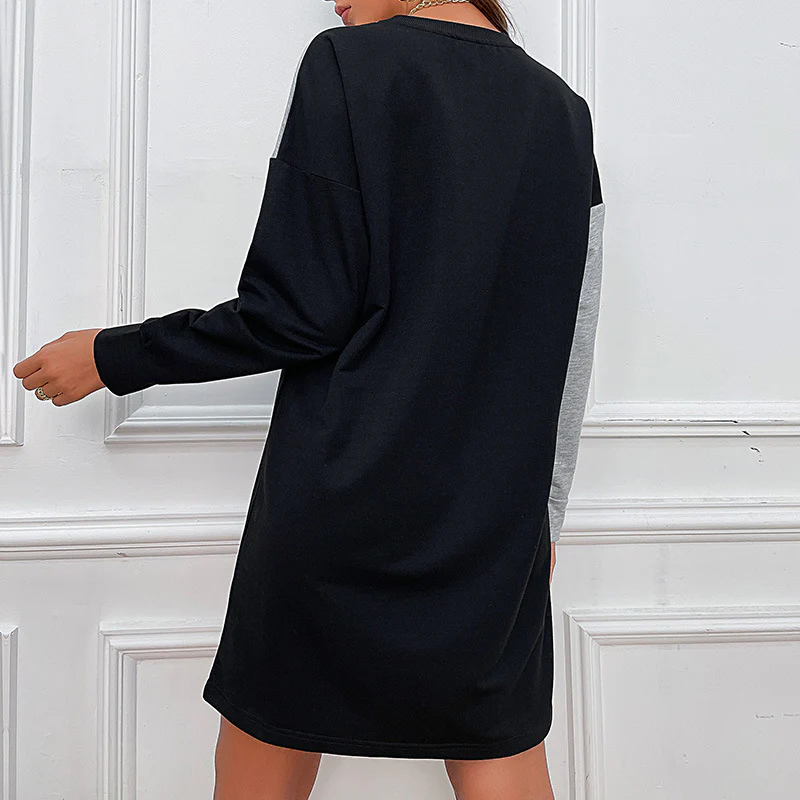 Contrast Color Loose Sweater Dress Long Sleeve Color Matching Fall Women Clothing Dress - AZJHJ