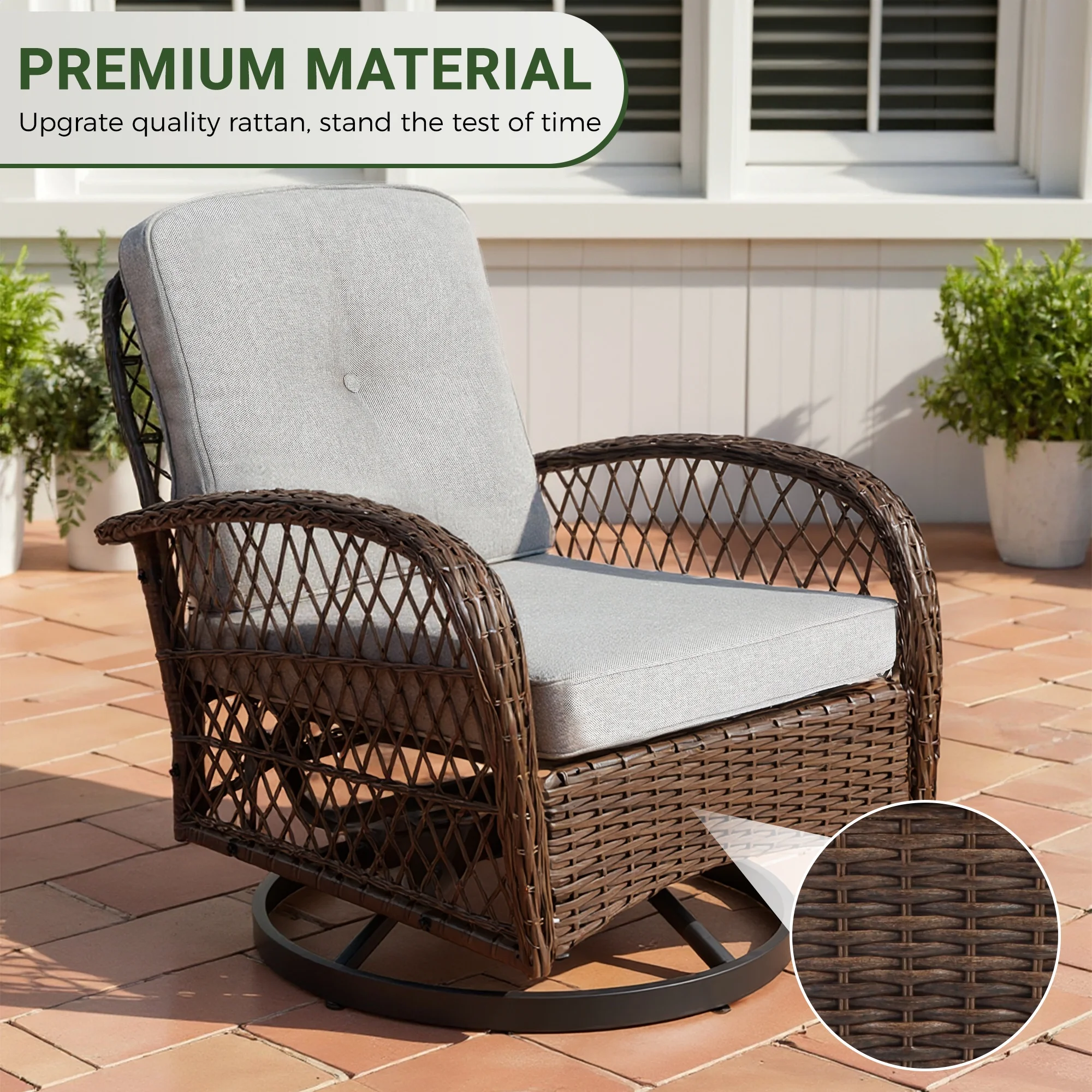 3 Piece Patio Swivel Rocker Chairs Set, 2 360-Degree Swivel Rocking Chairs with 1 Glass Top Table, PE Rattan Outdoor Bistro Set with Cushions for Balcony Deck Poolside Backyard Porch - Image 33