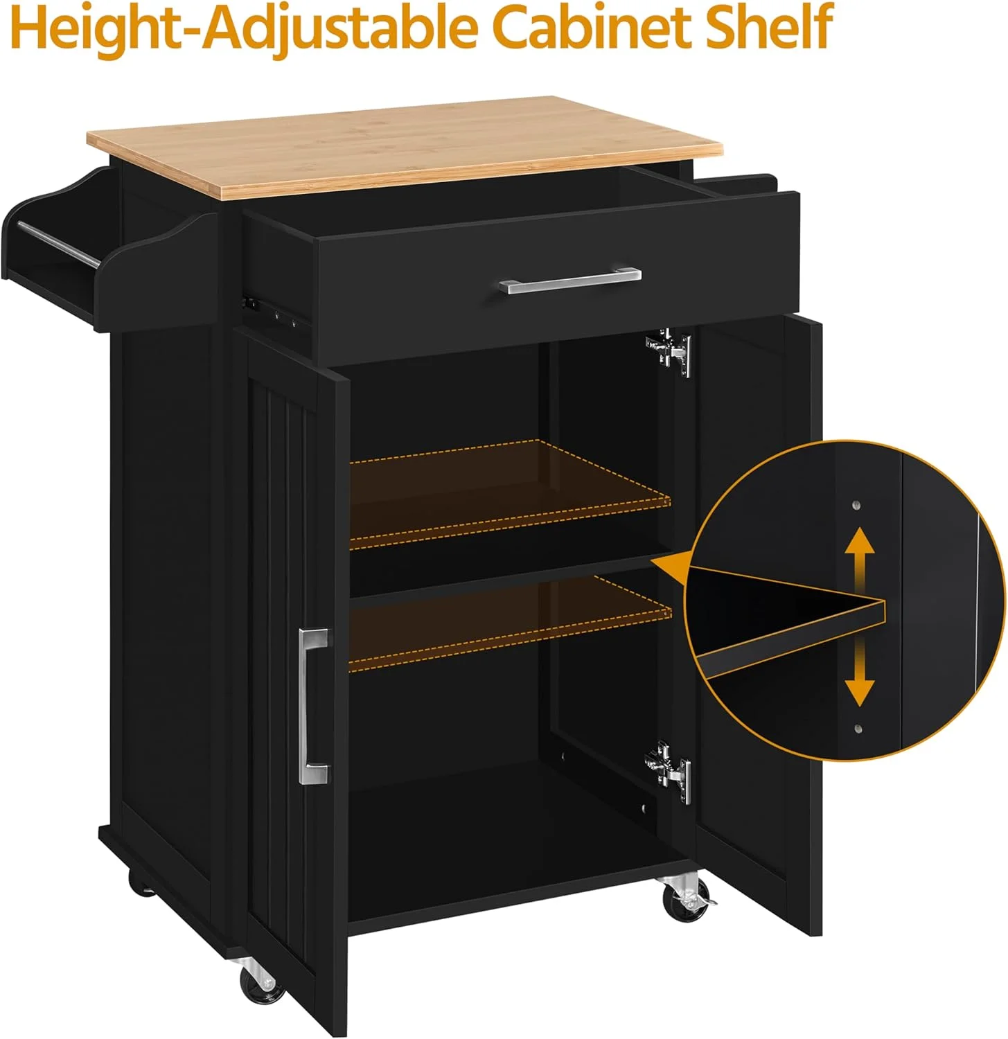 HXYHJ Kitchen Island on Wheels with Storage Cabinet, Rolling Kitchen Cart with Bamboo Top & Drawer & Spice Rack Towel Bar, Microwave Stand Cart for Kitchen/Dining Room, Black - Image 9