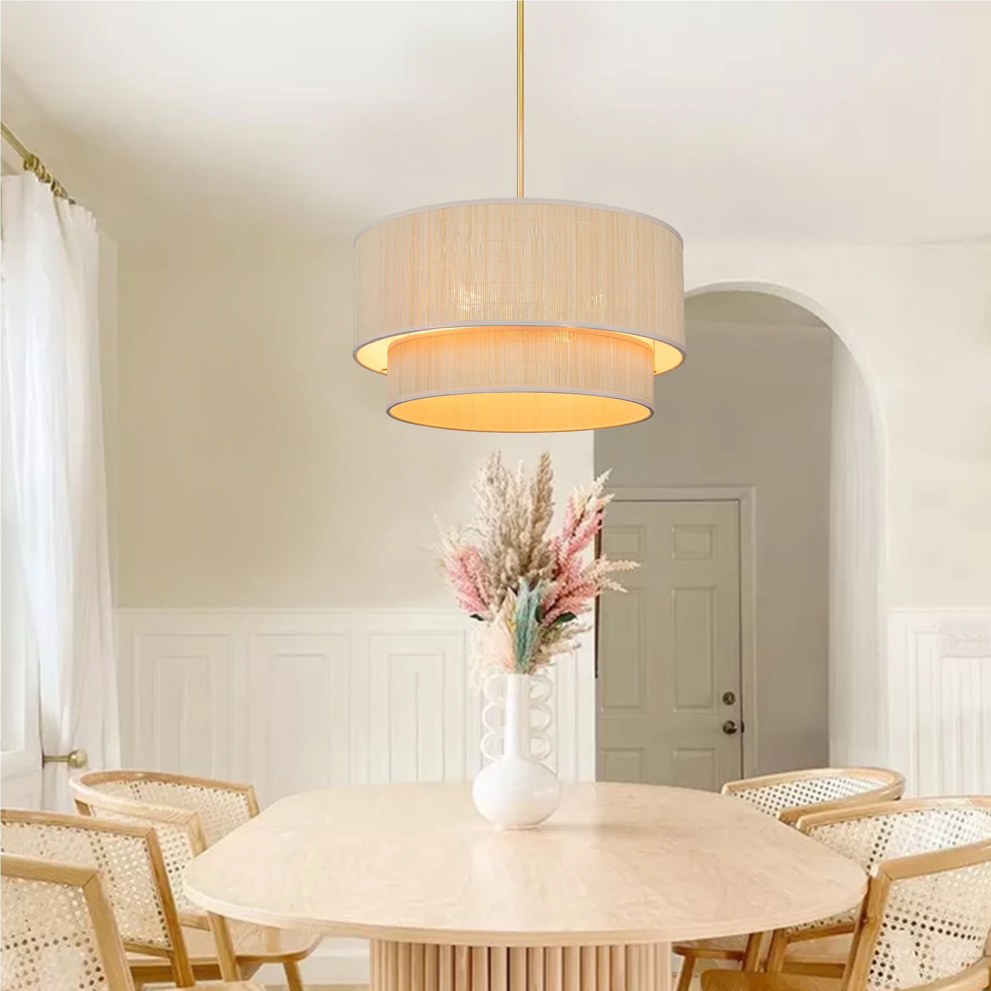 Prime Ray 20 in. 4-Light Natural Rattan Tiered Drum Pendant Chandelier Light with Gold Hardware