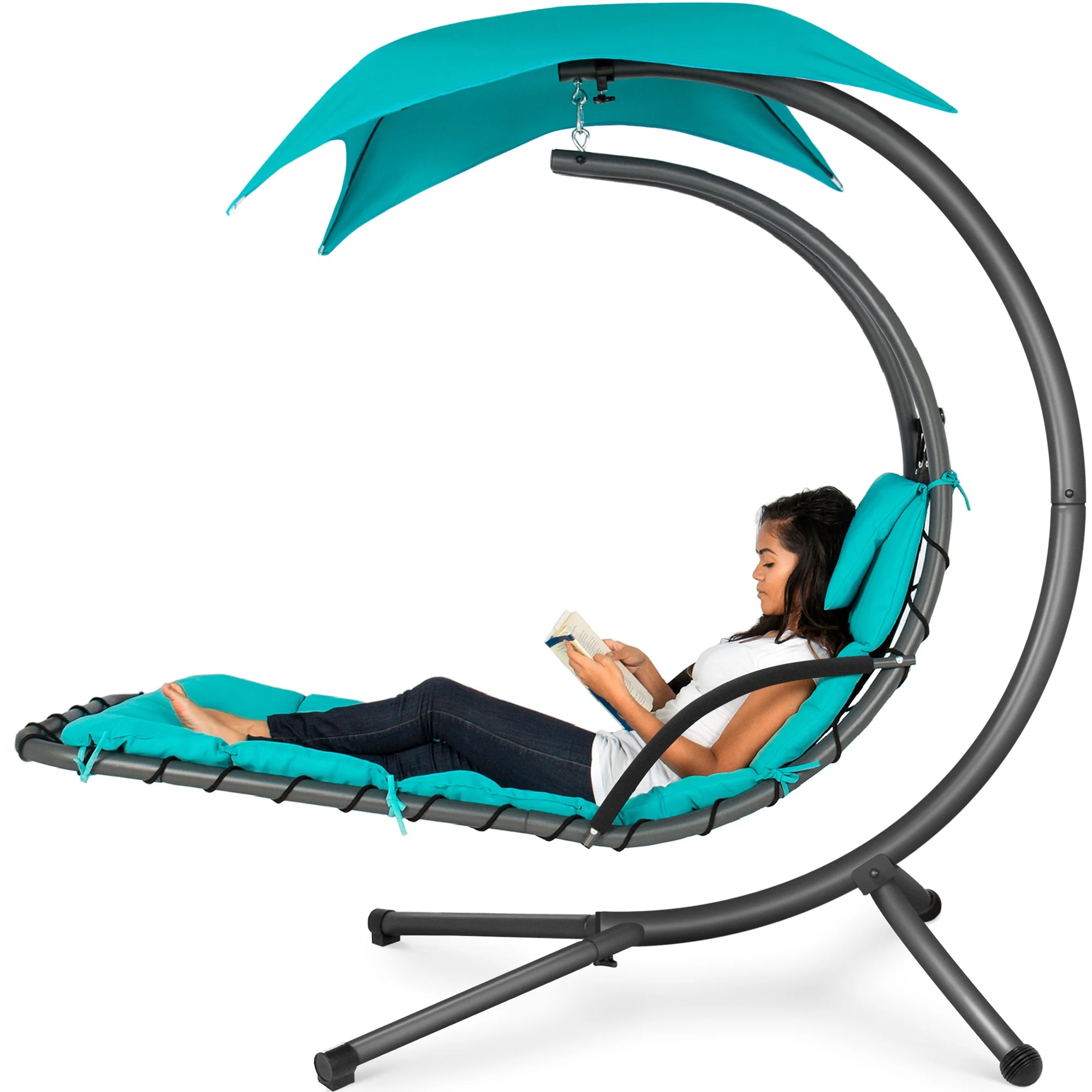 Best Choice Products Hanging Curved Chaise Lounge Chair Swing for Backyard, Patio w/ Pillow, Shade, Stand - Teal - Image 2