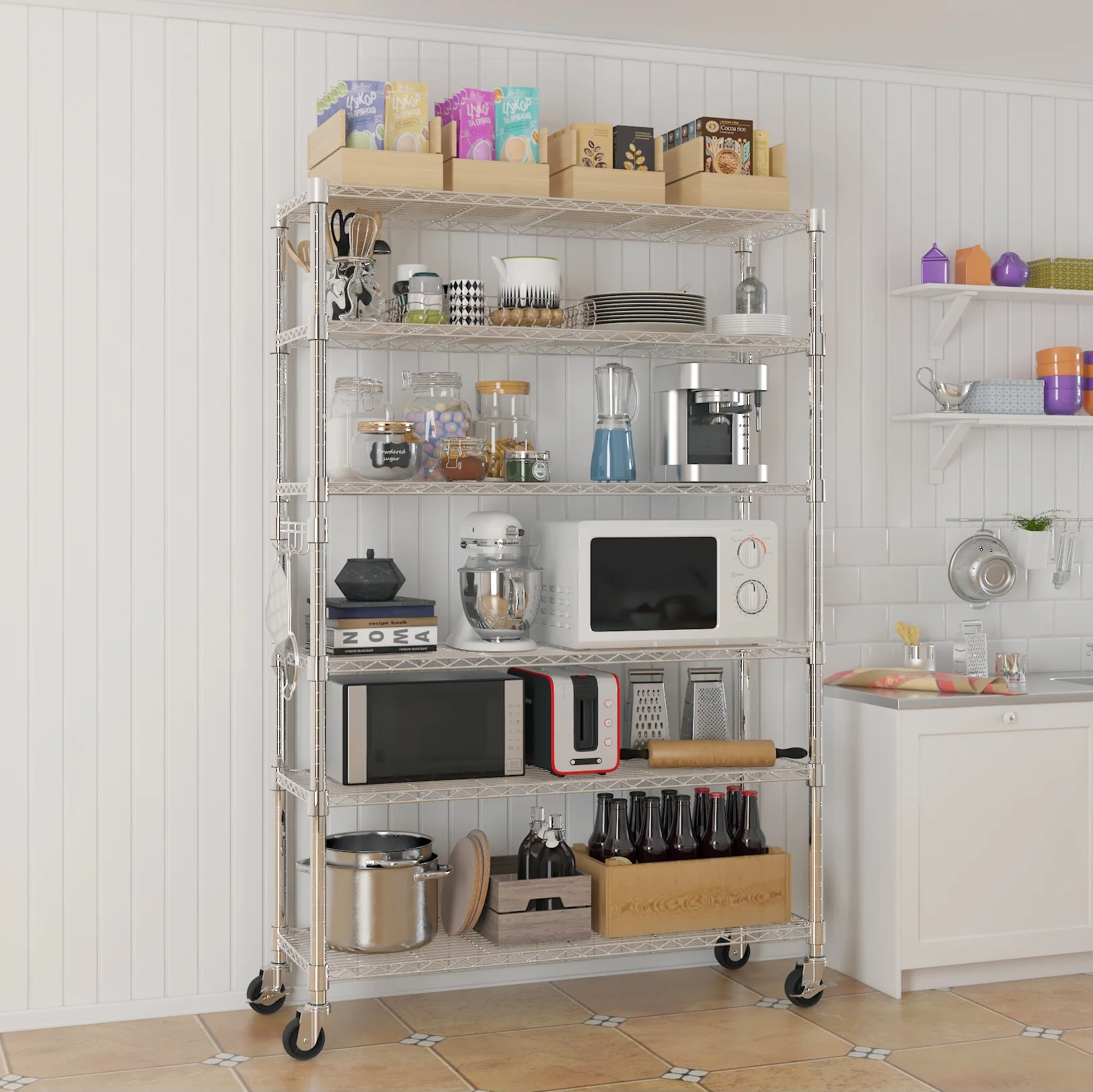 Xilee Wire Shelving Unit with Wheels Steel 6 Tier Heavy Duty Layer Rack Storage Metal Shelf Garage Organizer Wire Rack Shelving Adjustable
