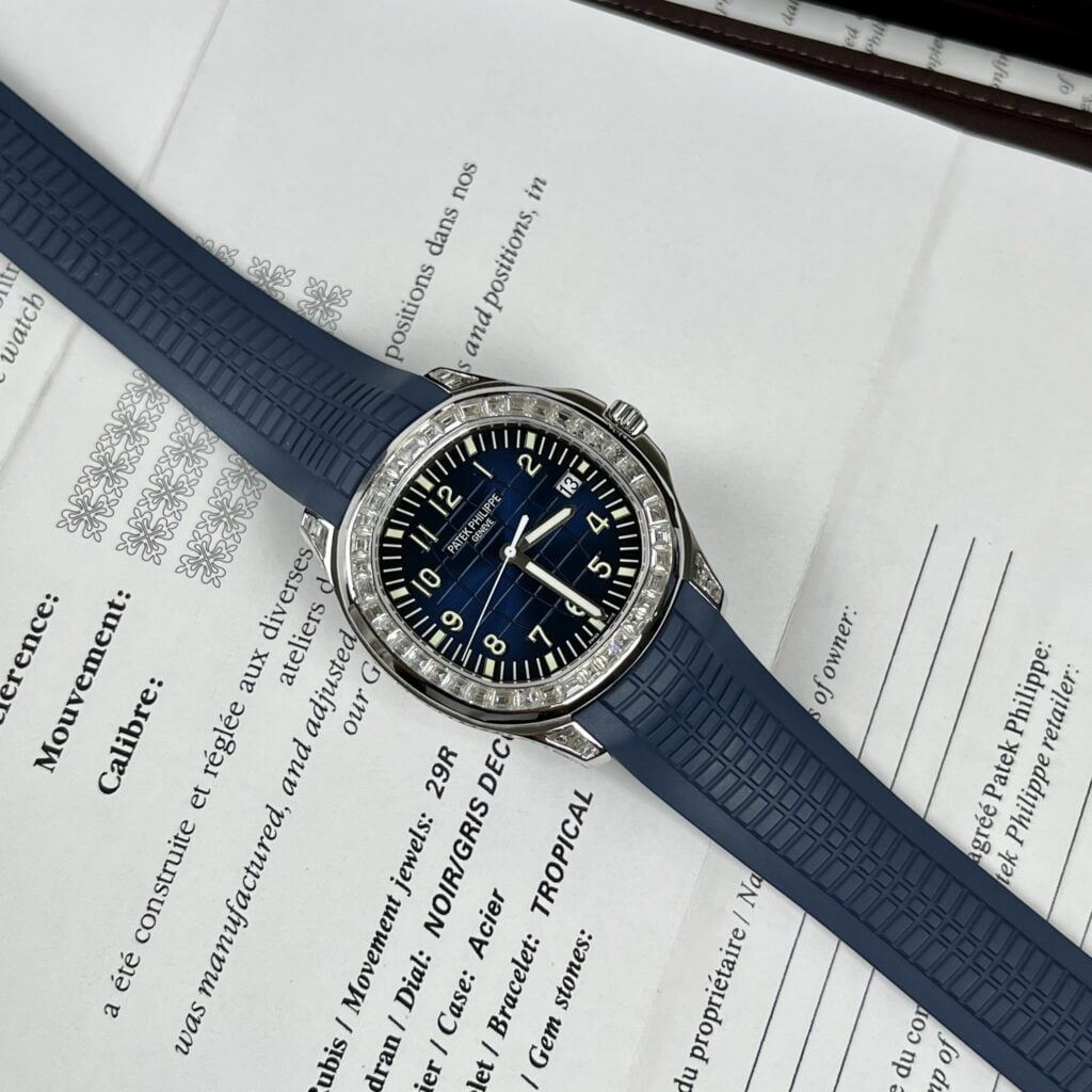 Patek Philippe Replica Watch Aquanaut 5168G Custom Moissanite Baguette Diamonds Blue Dial 42.2mm - Elite Watch Atelier