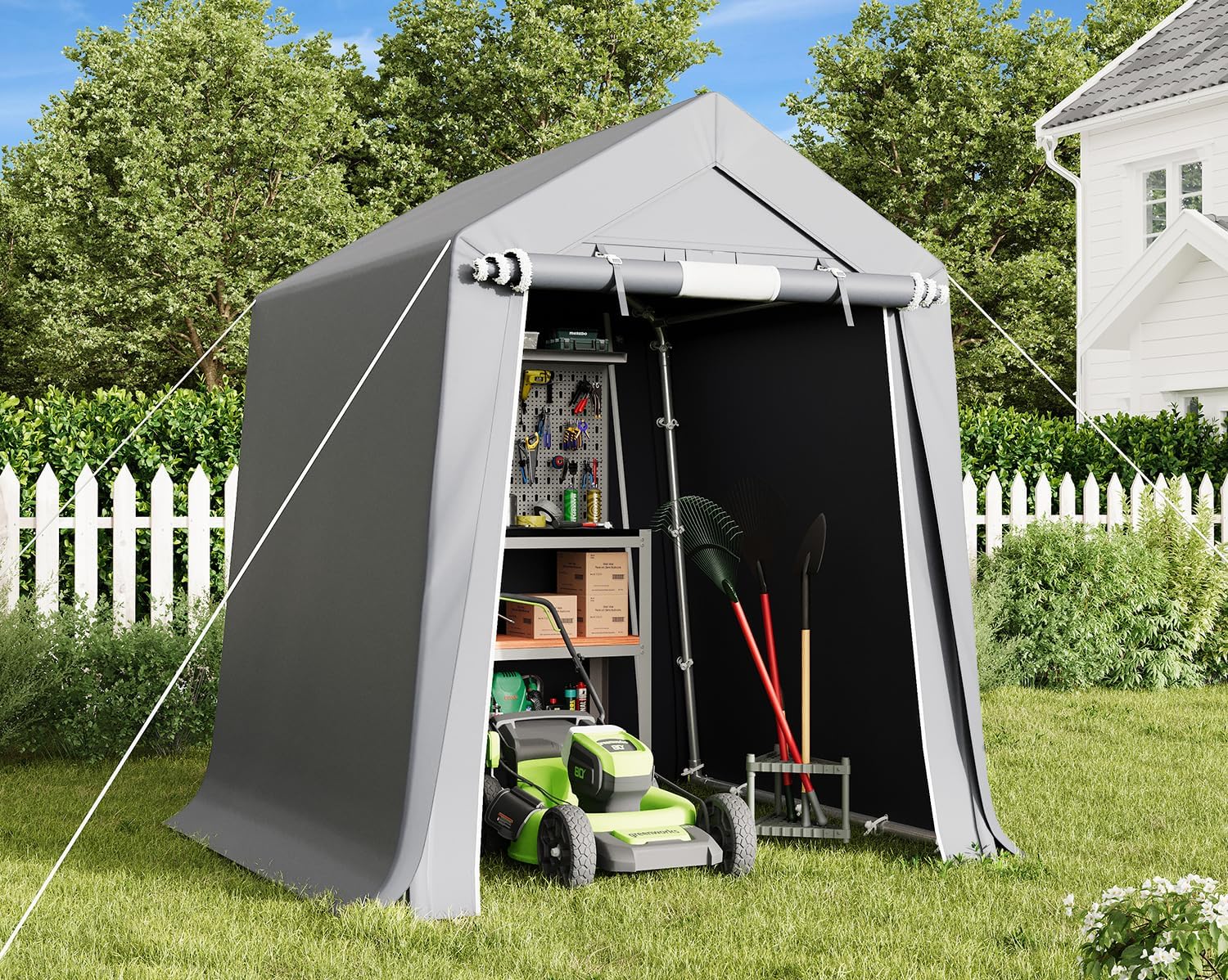 EROMMY 6x8 FT Carport Storage Shed, Heavy Duty Outdoor Storage Shed with Rolled up Zipper Door, Carport Canopy for Motorcycles, Bikes and Outdoor Tools