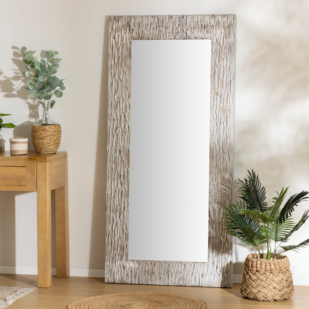 Wooden mirror with relief "Leo" H.166 cm