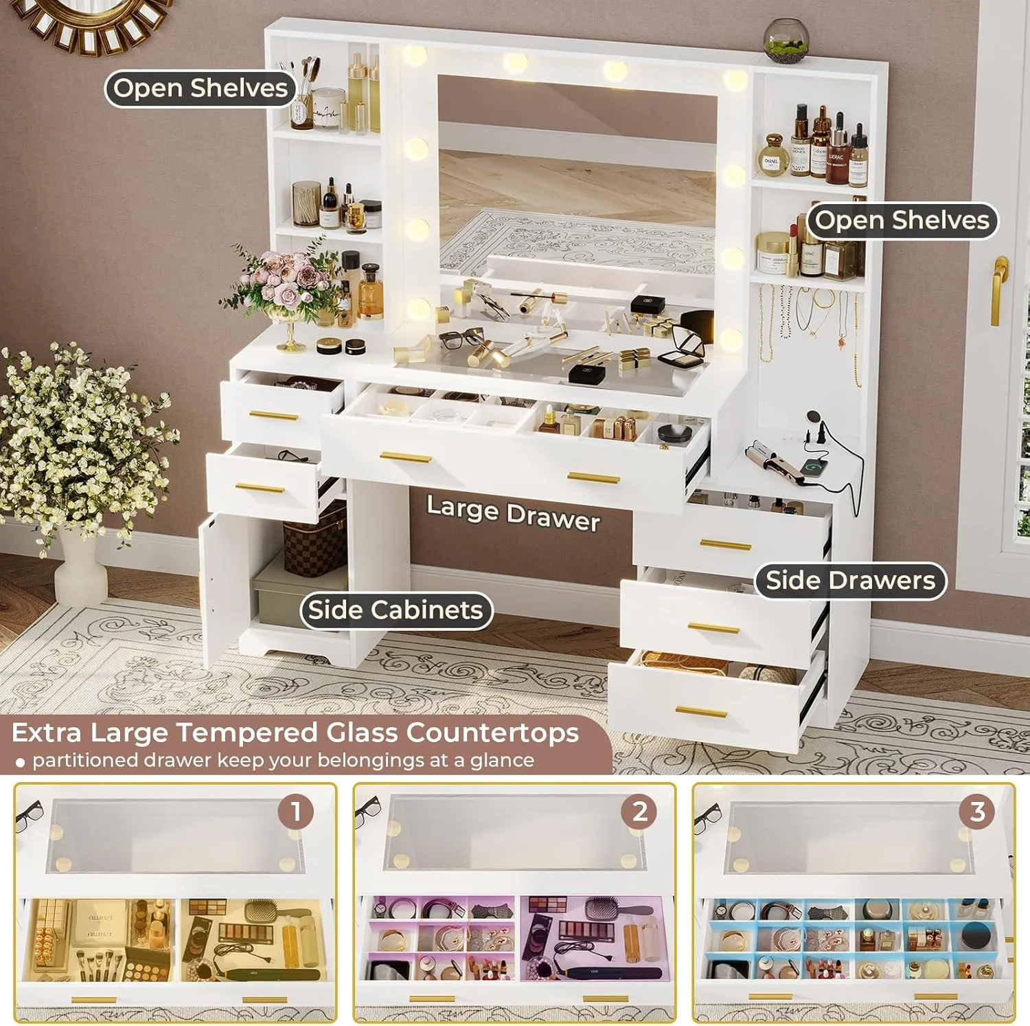Makeup Vanity Desk with Lighted Mirror & Charging Stations & 6 Drawers Large Vanity Table Bedroom Dressing Table with Glass Tabletop&Side Cabinet&Glass Tabletop, Black - Image 28