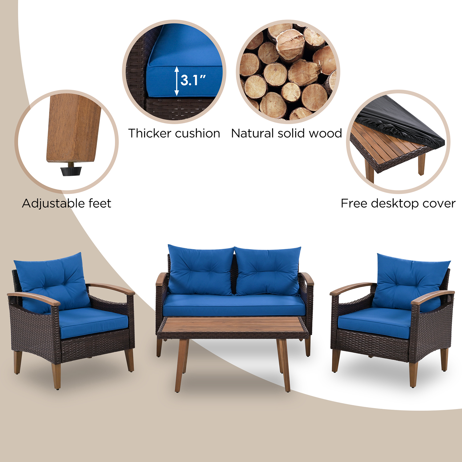 Topcobe Patio Seating Set with Cushions, 4-Piece Garden Furniture, Beige - Image 15