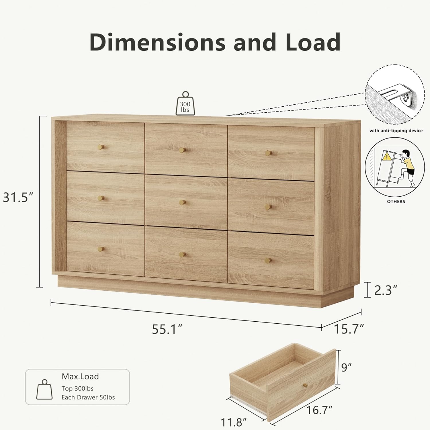 9 Drawer Dresser, Mid Century Modern Dresser with Storage, 55