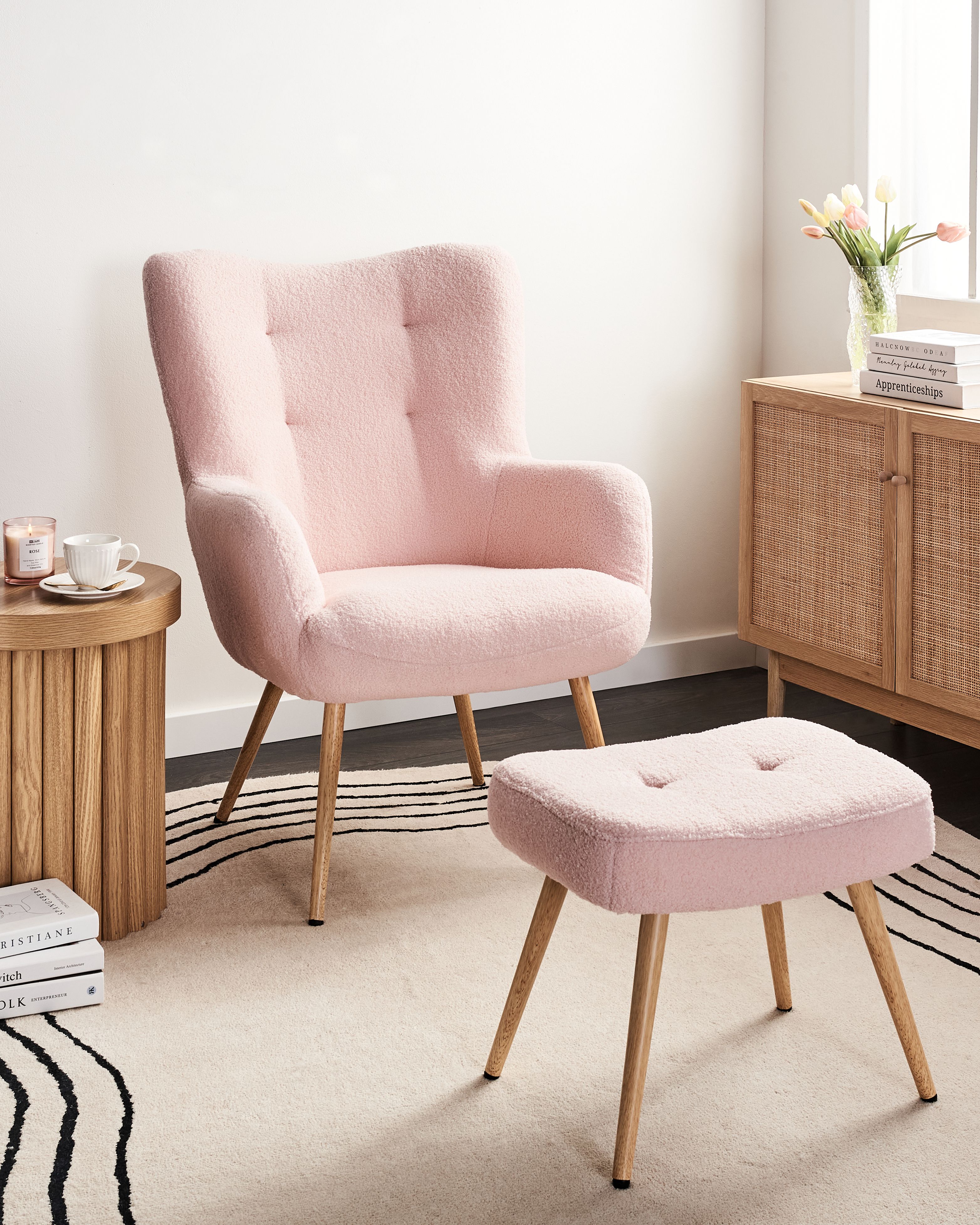 Wingback Chair VEJLE with Footstool Boucle Pastel Pink
