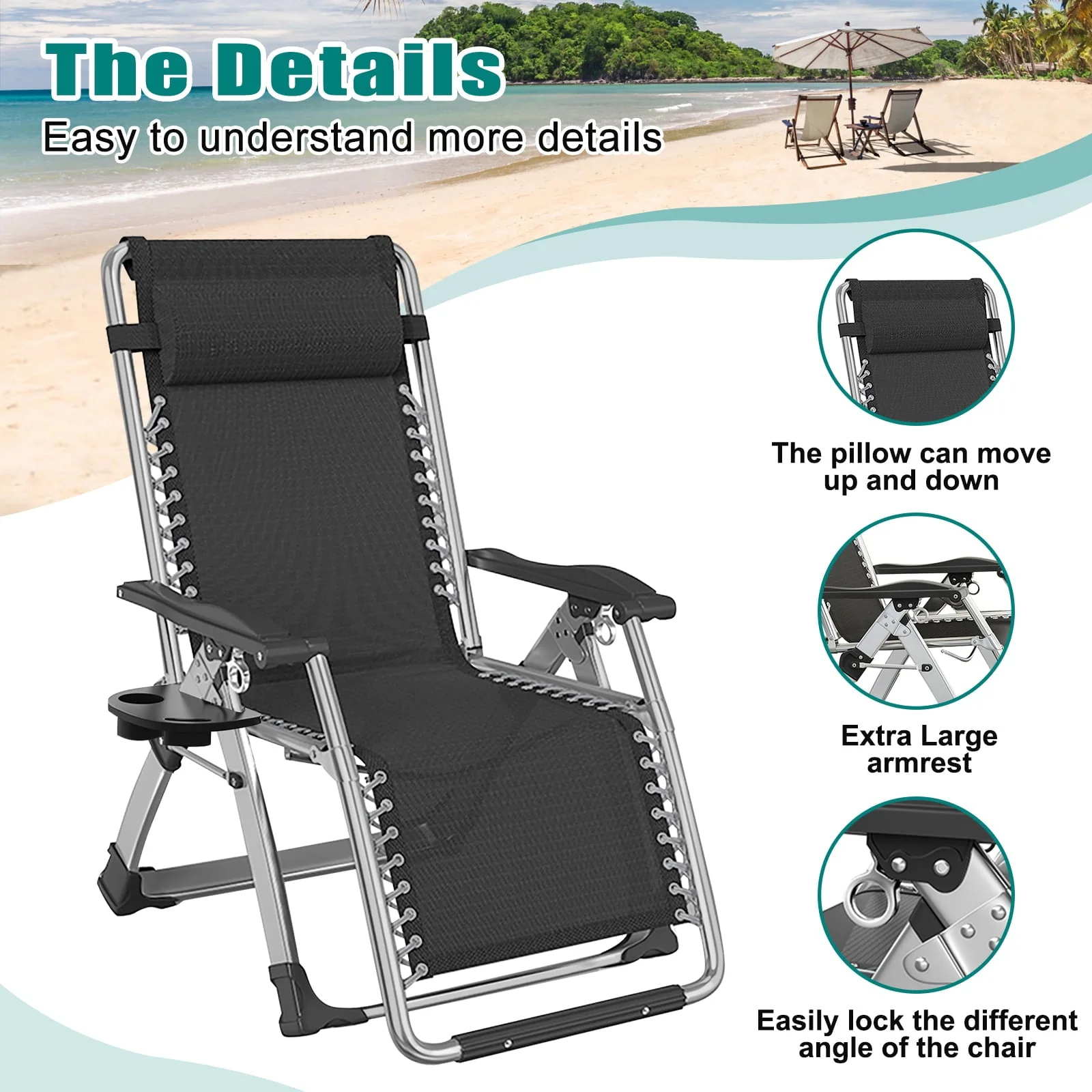 Docred Zero Gravity Chair , Lawn Recliner Folding Chaise Lounge with Removeable Pad Soft Cushion, Headrest and Cup Holder, Camping chairs Patio Fold Lounger Chair - Image 4