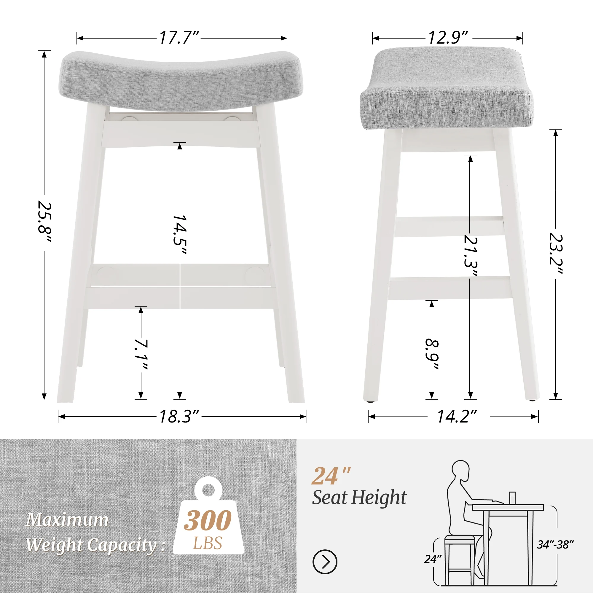 Dycanpo Saddle Seat Counter Height Bar Stools Set of 3 for Kitchen, Dining, 24in, Beige-Fabric - Image 23
