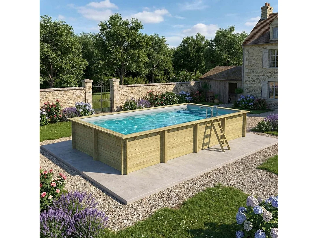 Piscine en bois AQUA 8.5 x 4.35 - H.1.45 m, gris clair, fixations à sceller - BAS7309OSPI2 - ALTANKA