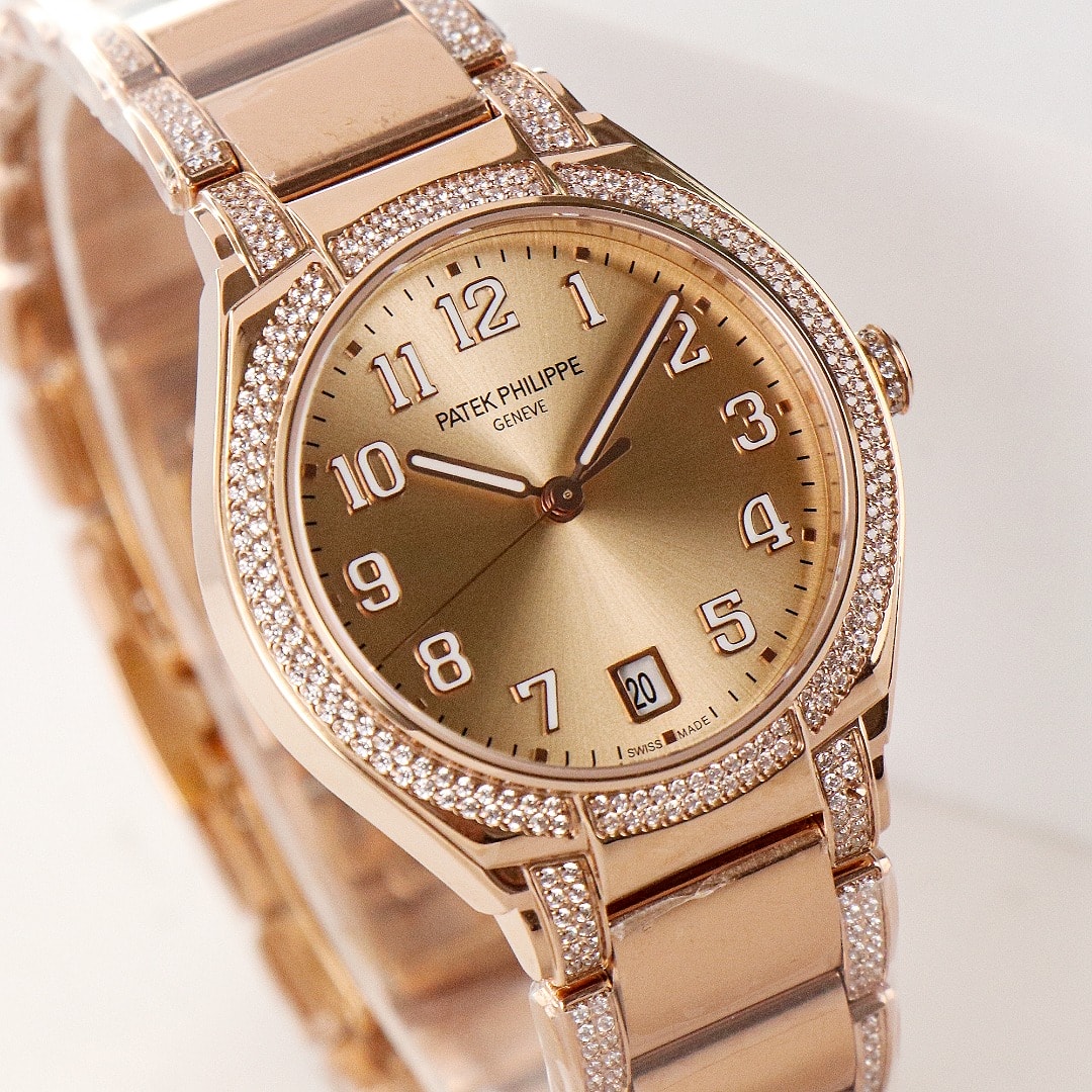 Fake Diamond Watch Replica Patek Philippe Twenty~4 Ladies Rose Gold/Diamonds Brown Dial 7300/1201R-010(1:1 replica) - Top club