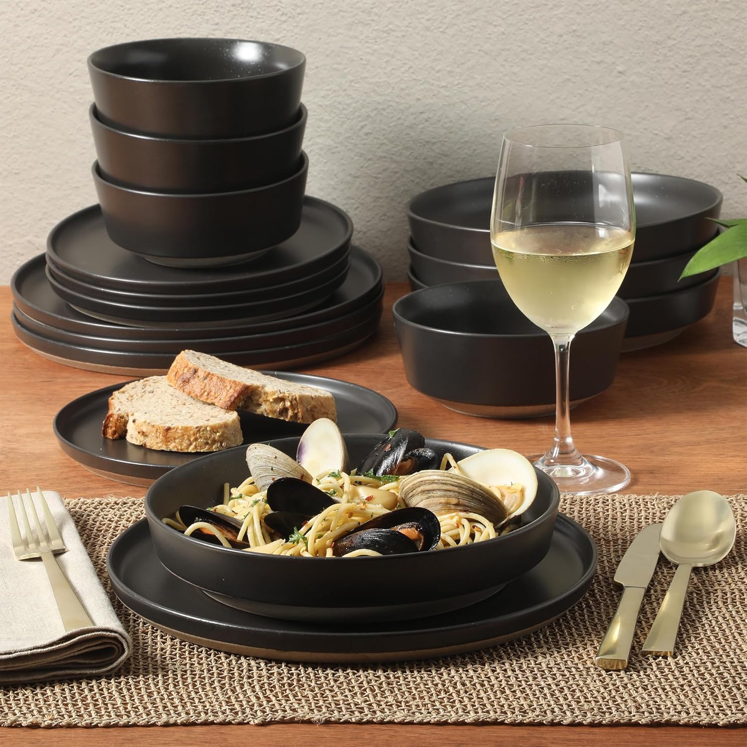 Gibson Elite Overbrook 16-Piece Pottery Clay Stoneware Dinnerware Set – Black Reactive Glaze, Stackable Plates and Bowls W/Pasta Bowl, Service for 4 – Microwave & Dishwasher Safe