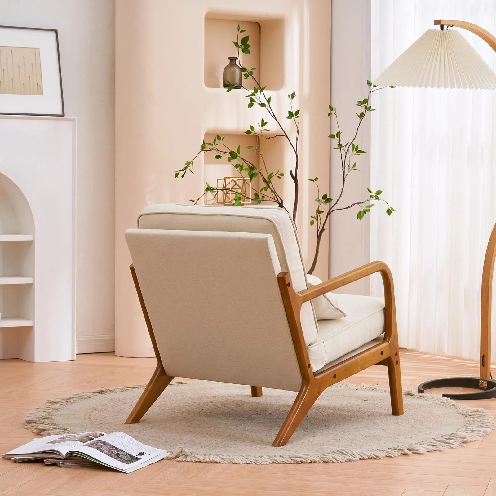 UBesGoo Modern Arm Chair Linen Fabric Upholstered Comfy Reading Accent Chair with Solid Wood Frame Beige - Image 17