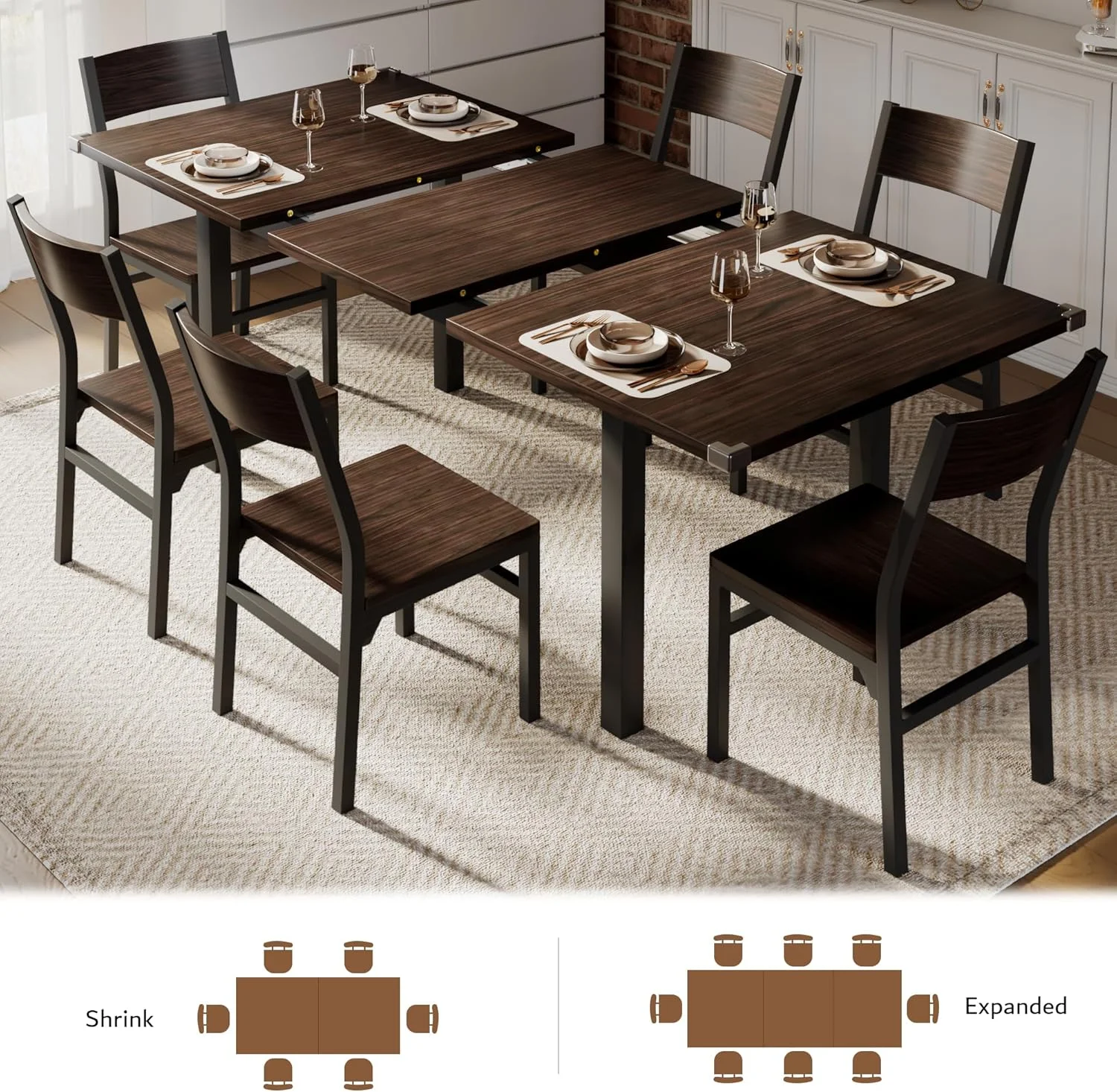 iPormis 63" Extendable Dining Table for 4-8, Square Wooden Dining Room Table with Metal Base, Modern Extendable Table for Small Kitchens, Dining Office Areas, Black - Image 24