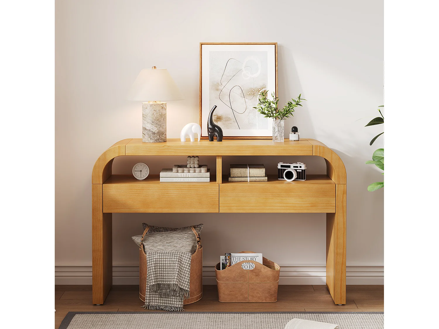 Console couleur bois 120 x 35,5 x 76,5 cm avec 2 tiroirs et 2 niches