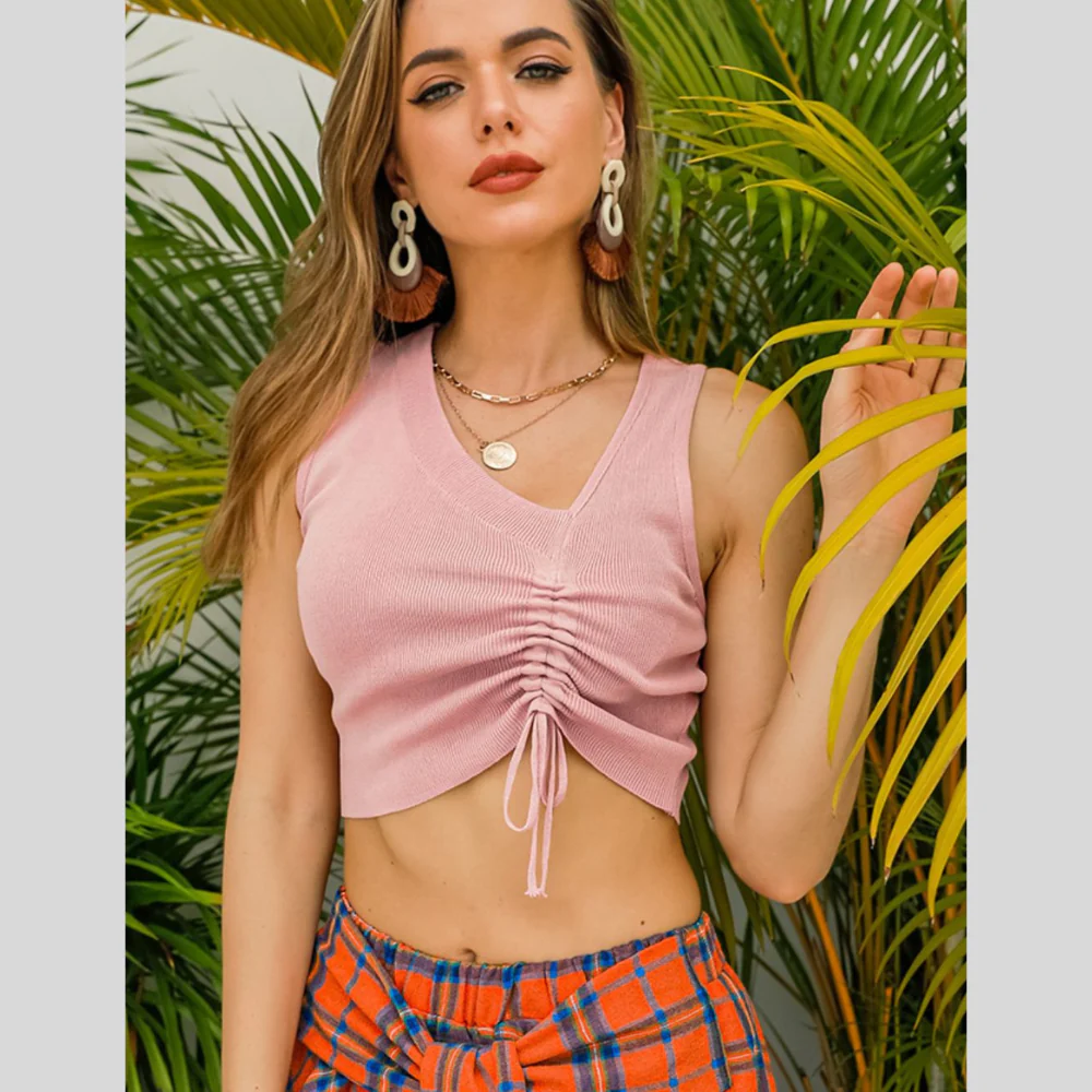 Drawstring Ruched Asymmetrical Neck Cropped Knit Top - ZKZOOK