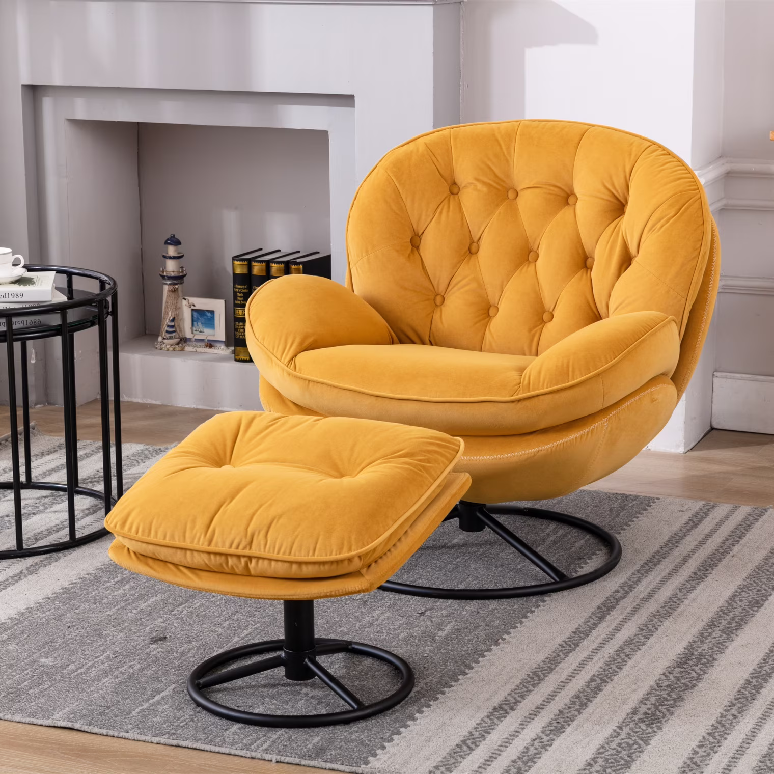 Velvet Swivel Accent Chair with Ottoman Set, Modern Tufted Armchair with Footrest for Living Room Reading TV Chairs for Adults, Comfy Chaise Lounge Chairs with 360 Degree Swiveling for Bedroom, Pink - Image 3
