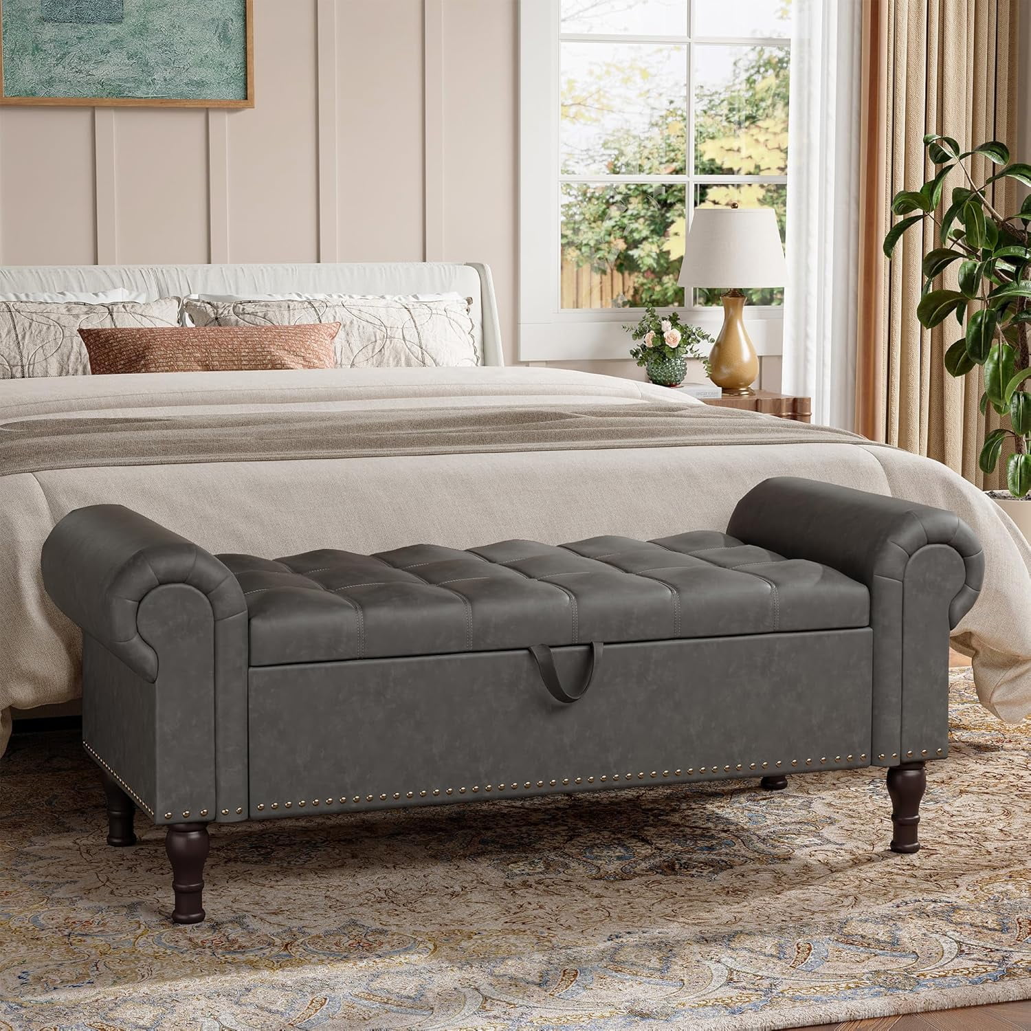 Gelloan Storage Ottoman Bench for Bedroom,Upholstered Bedroom Bench with Rolled Arms and Rivets, Storage Chest for Living Room,Grey,51 Inches