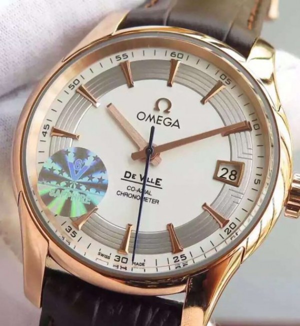 Replica Omega V6F De Ville Hour Vision Co-Axial 41mm RG White Dial Brown Leather Strap A8500 - Elite Watch Atelier