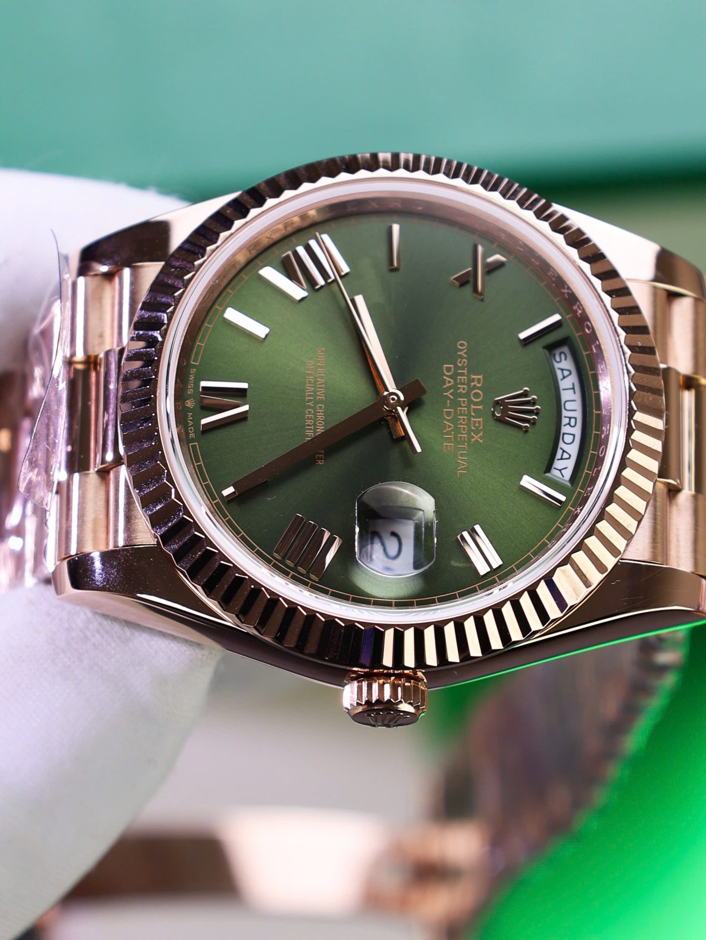 Rolex Day-Date Green Dial Replica Watch Gold Wrapped Weight 186Gram QF 40mm - Top club