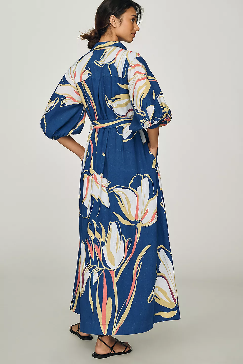 Maeve Mona Linen Blend Maxi Shirtdress - Blue Floral