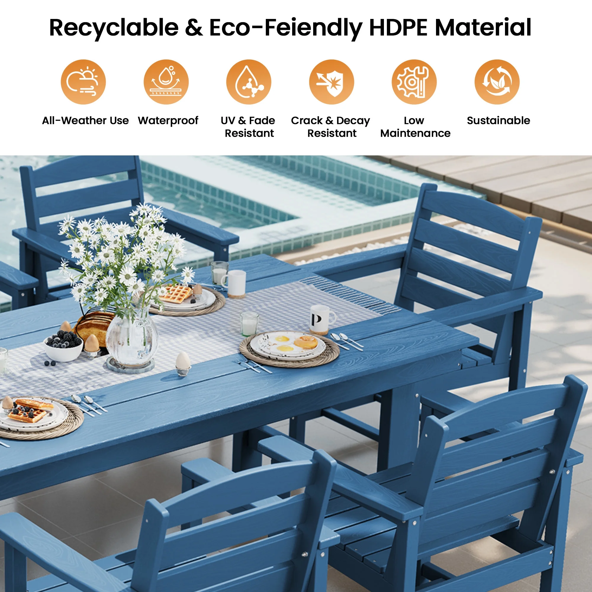KINGYES 7-Piece Outdoor Dining Set, HDPE Patio Table and Chairs with Umbrella Hole, Gray - Image 36