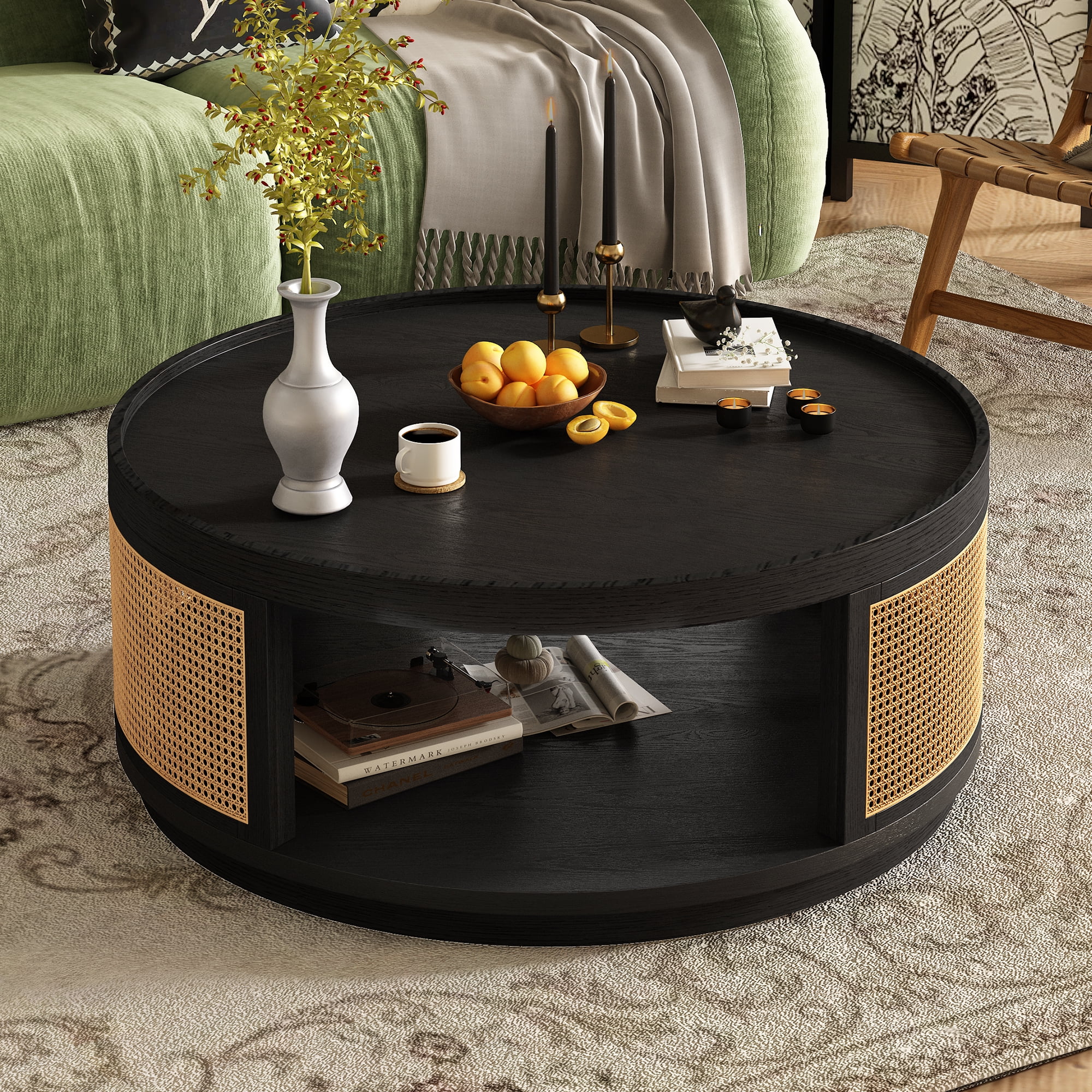 Harper & Bright Designs Rattan Round Coffee Table with Storage Shelf, Round Cane Wood Center Table for Living Room, 37'' Brown - Image 15