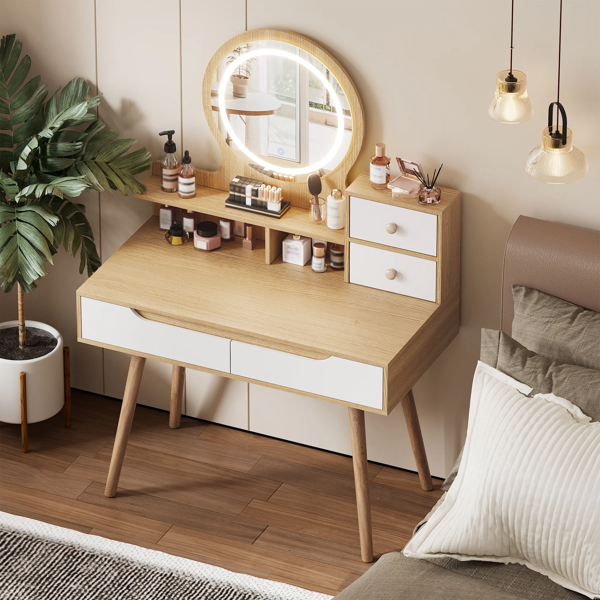 Montary Modern Mini Vanity w/Adjustable LED Mirror + Hidden Storage, Padded Stool & Dustproof Shelves (White) - Image 140