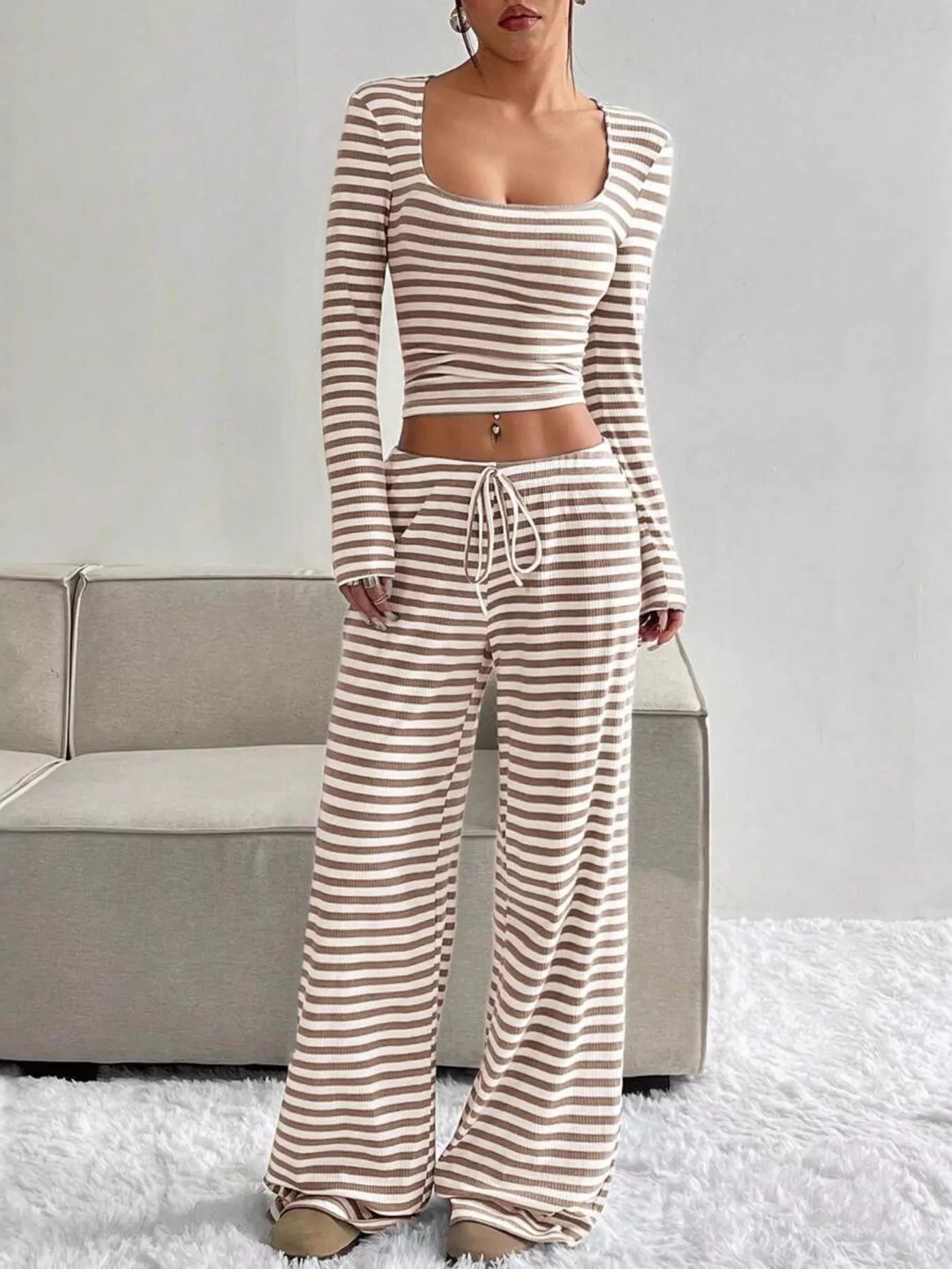 Striped Long Sleeve Crop Top & Wide Leg Pants Set - ZKZOOK