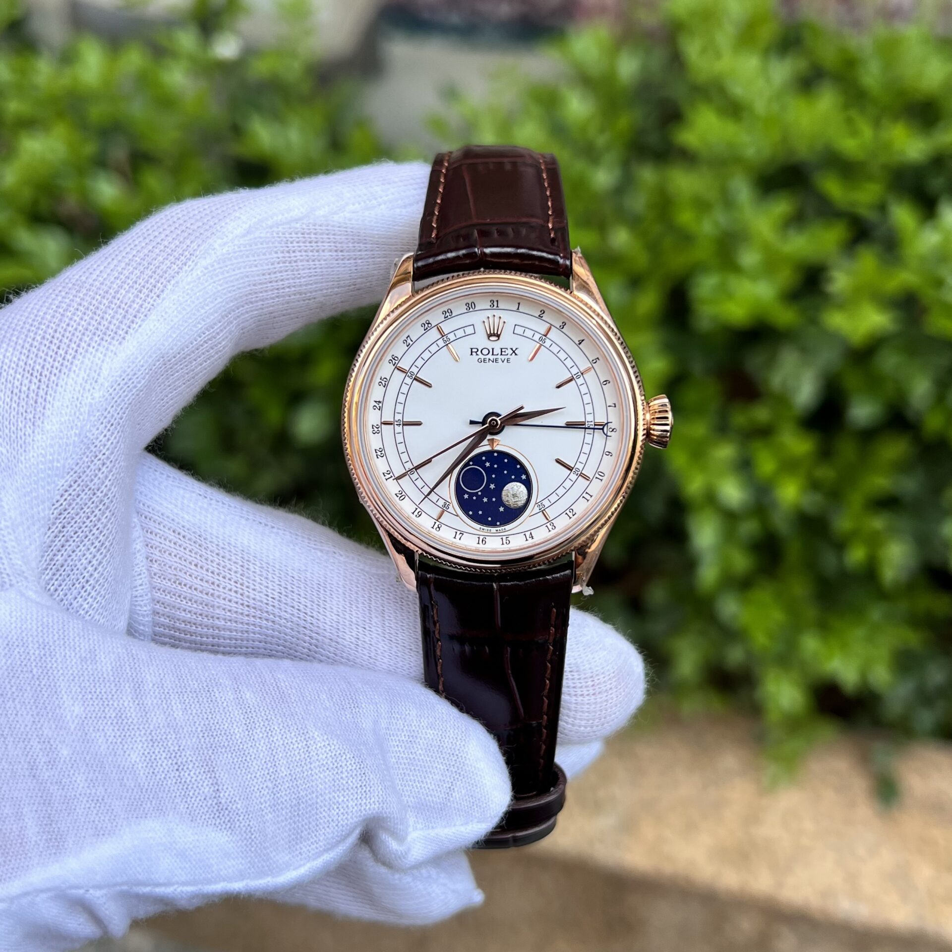 Rolex Replica 11 Watch Cellini Moonphase 50535 Rose Gold Plated White Dial 39mm - Elite Watch Atelier