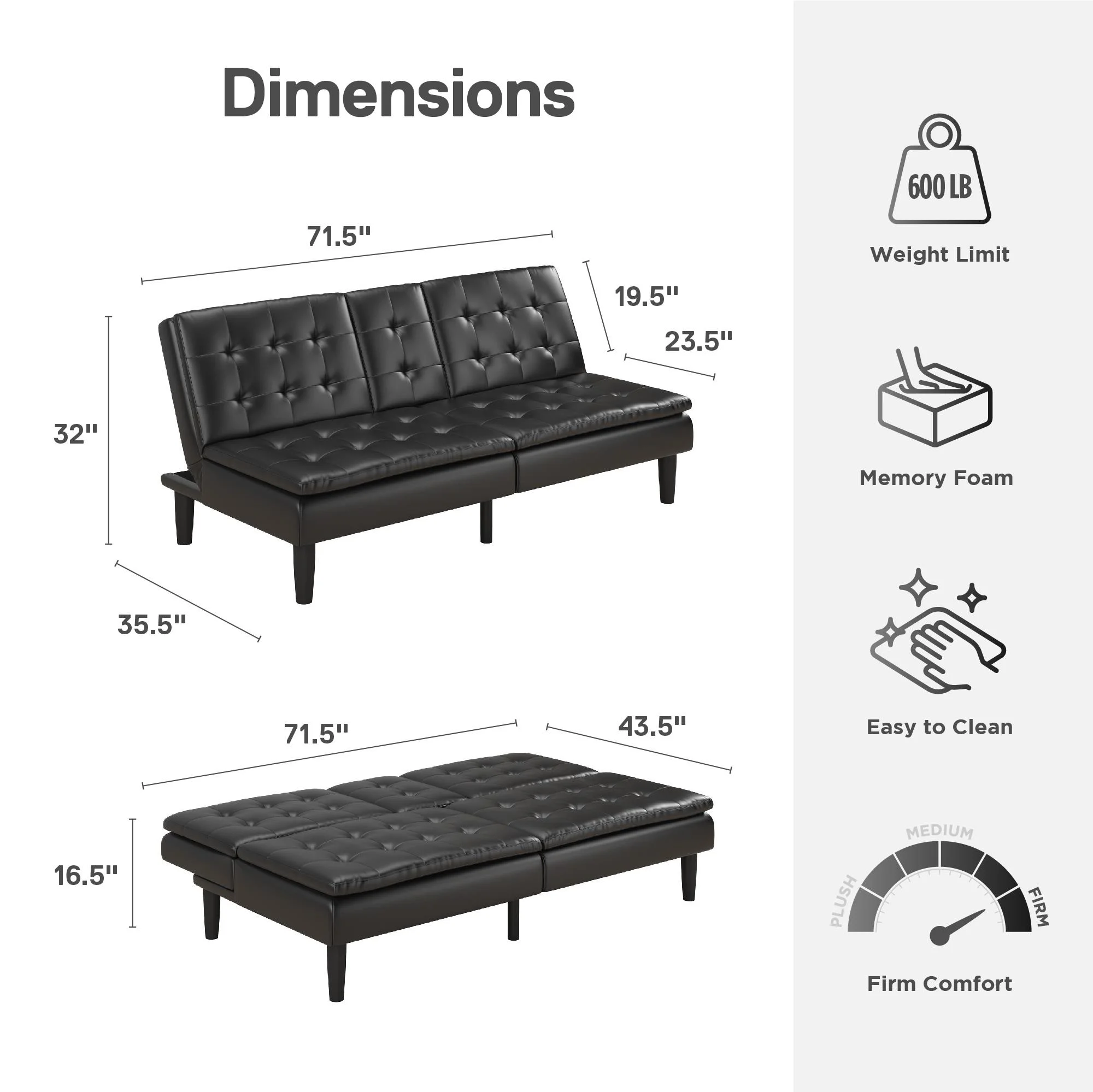 Mainstays Memory Foam 71.5" Futon with Cupholder and USB, Black Faux Leather - Image 12