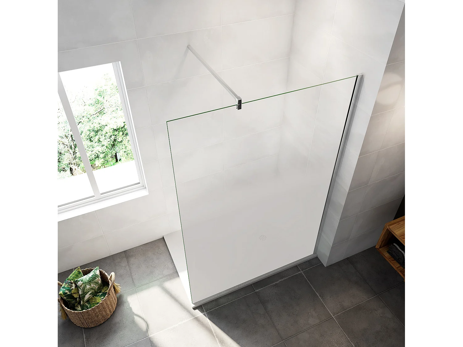 Paroi de douche verre trempé sérigraphié Brume en 8 mm verre - 120 x 200 cm - Profilés chrome avec barre de fixation 90cm en carré