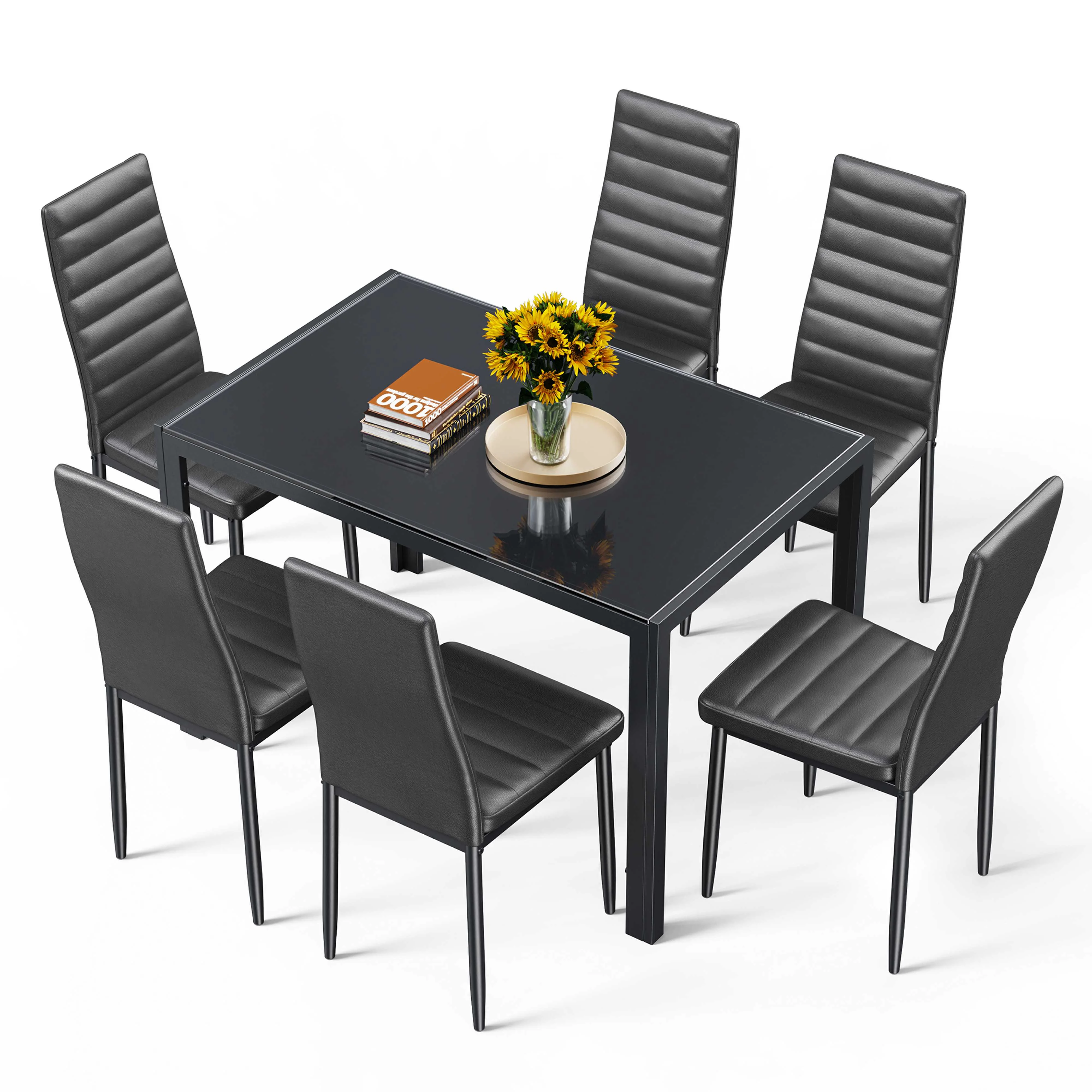 Asofer Modern 7 Piece Dining Table Sets for 6, Glass Kitchen Table, PU Leather Chair, Dining Room, Black - Image 8
