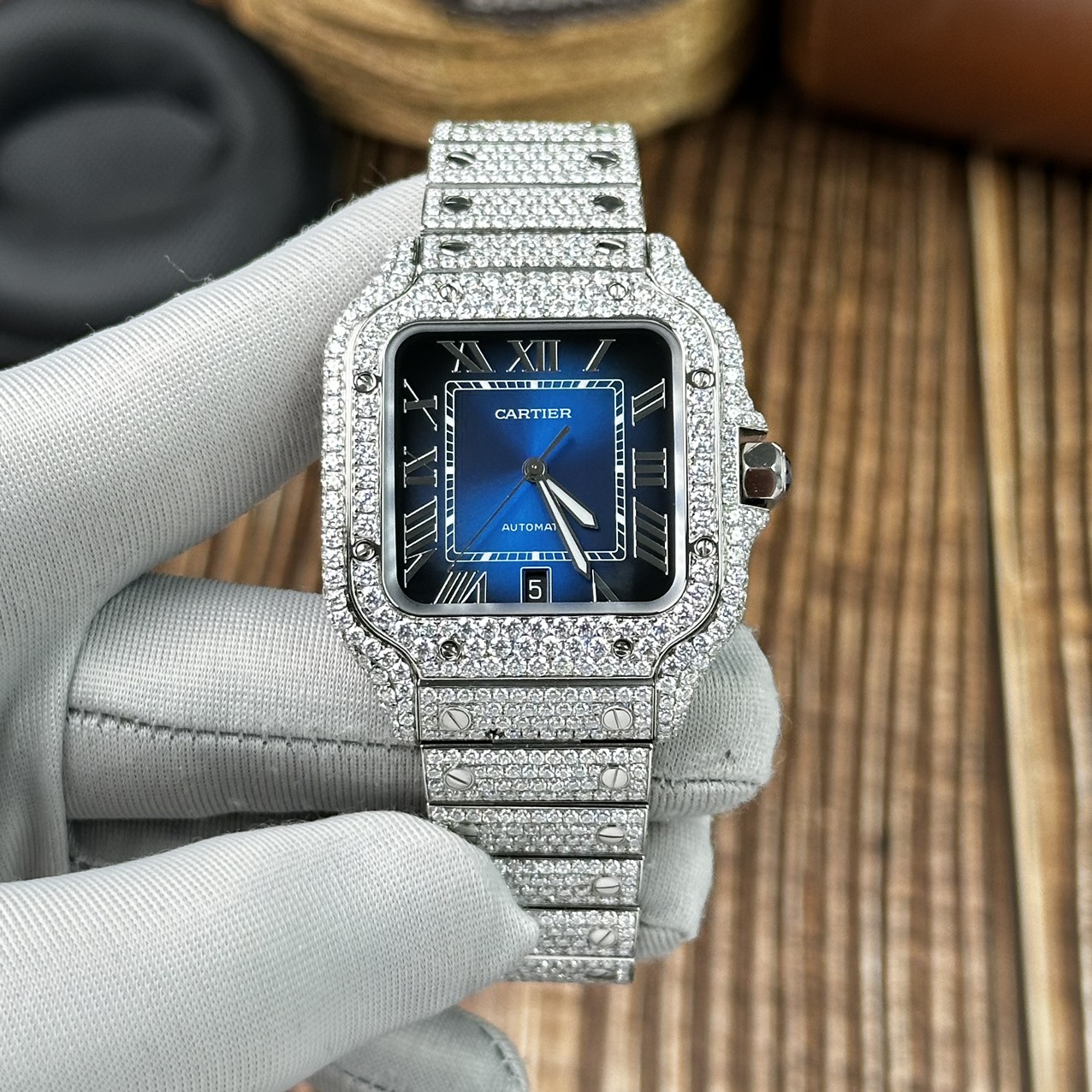 Cartier Replica Watch Santos Full Diamond Moissanite Blue Dial 39.8mm - Elite Watch Atelier