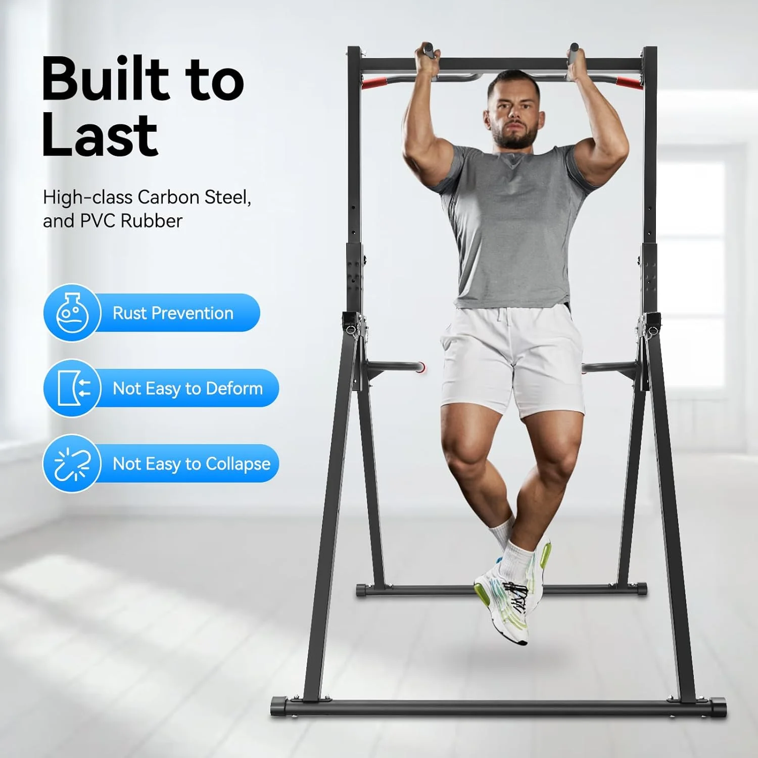 Power Tower Pull Up Bar Station Foldable Pull Up Rack Dip Station 5.74-7.55ft Height Adjustable Home Strength Training Fitness Workout Equipment, Up to 440lbs (With double bars) - Image 2