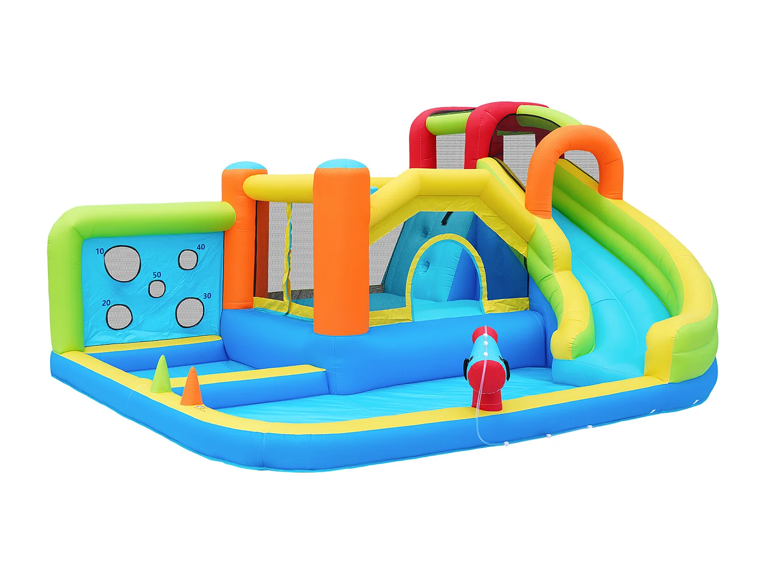 Château gonflable multifonction, usage sec ou humide, toboggan aquatique, mur d'escalade, soufflerie 450 W, tissu Oxford bleu