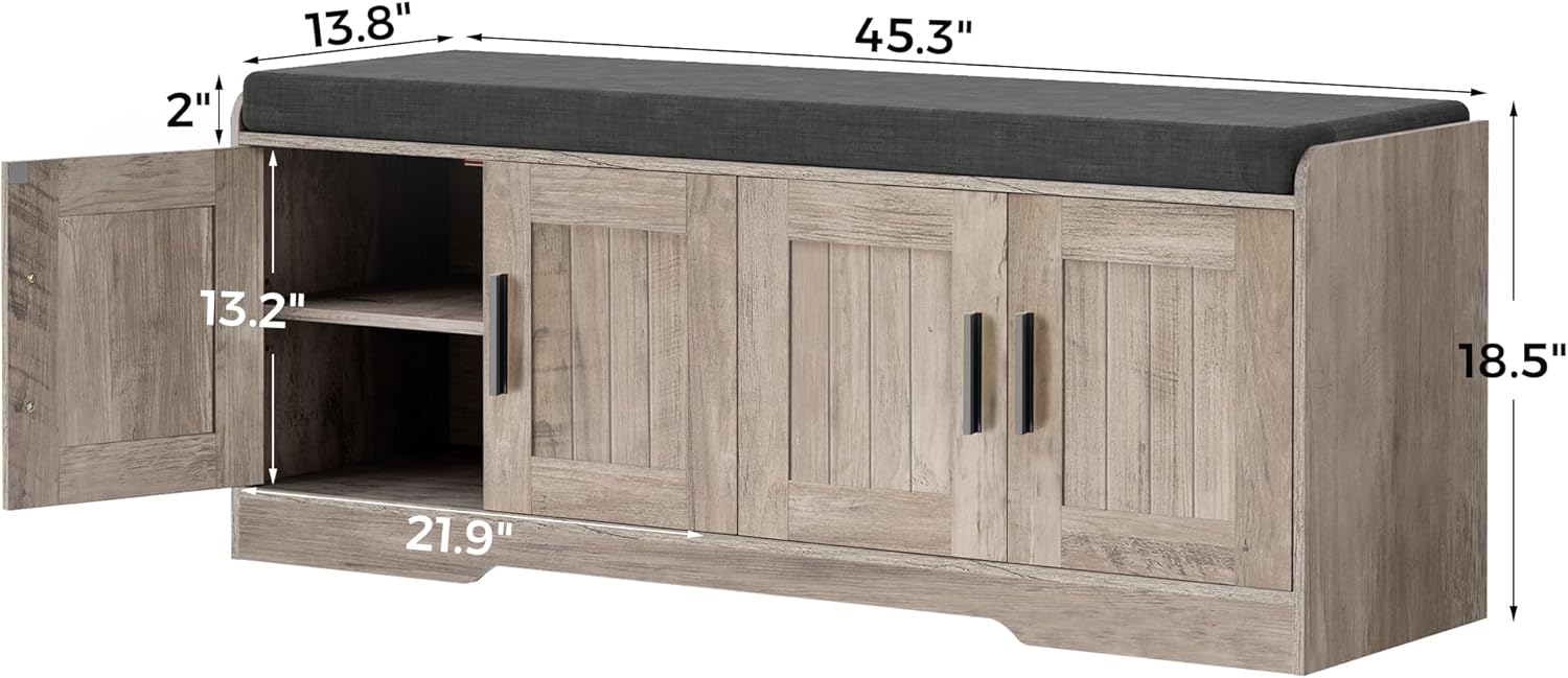 Homleke 2-Tier Storage Bench, Shoe Bench with Thickened Padded Seat Cushion, Entryway Bench with 4 Doors, Adjustable Shelf, 13.8